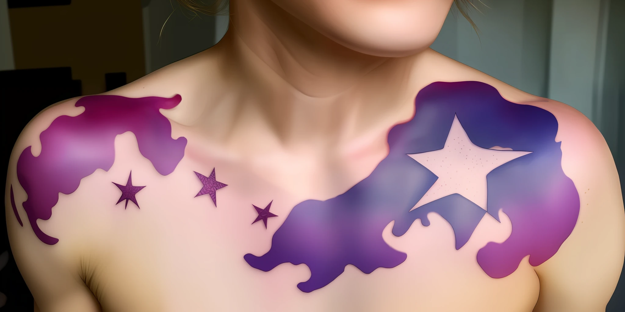 facing away,Robust muscles,There are scars on the neck,There is a purple star tattoo on the shoulder,blond hairbl,Full of evil charm,red - eyed,fang,