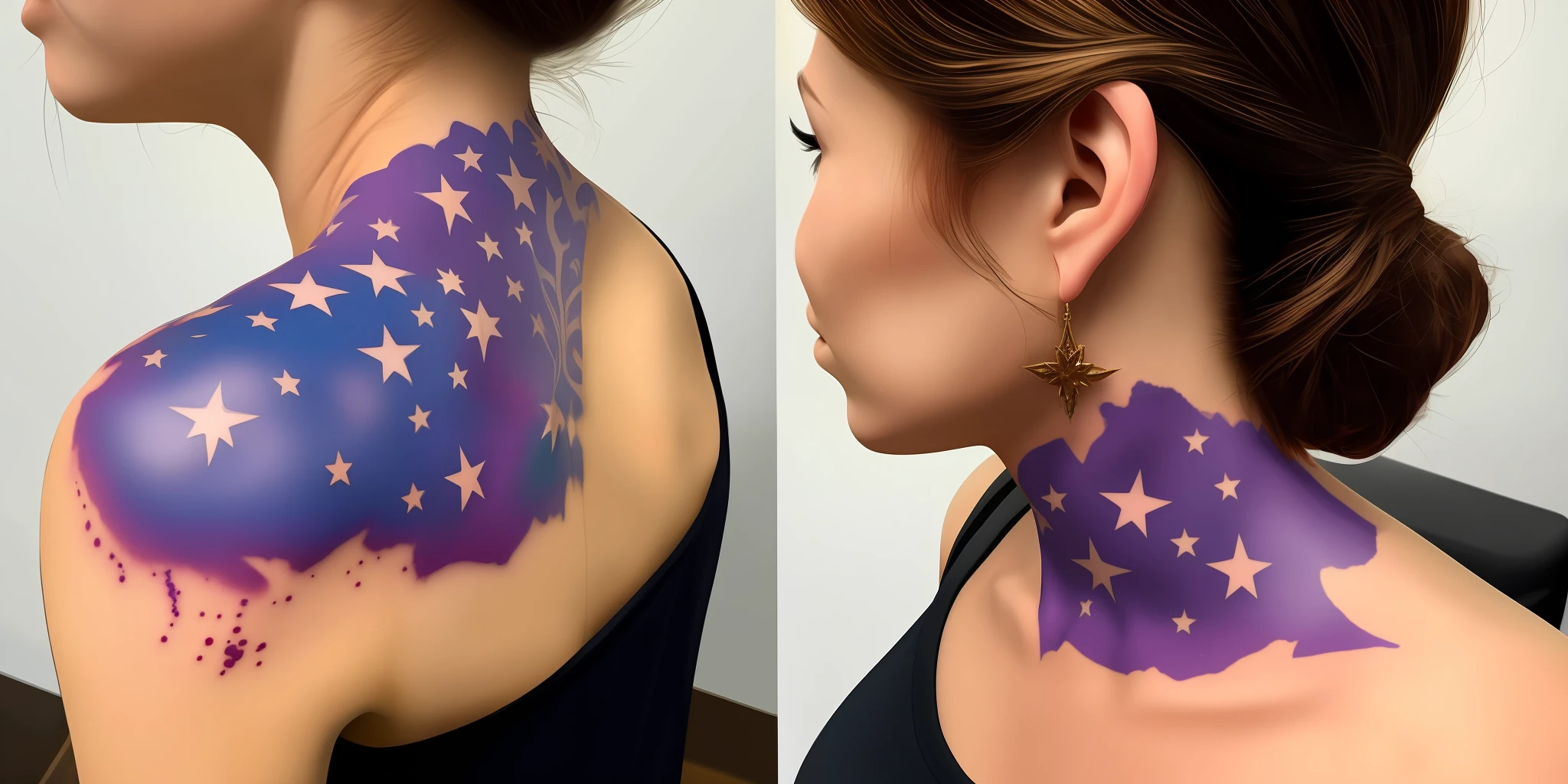 facing away，Robust muscles，There are scars on the neck，There is a purple star tattoo on the shoulder,blond hairbl,Full of evil charm,red - eyed，fang，