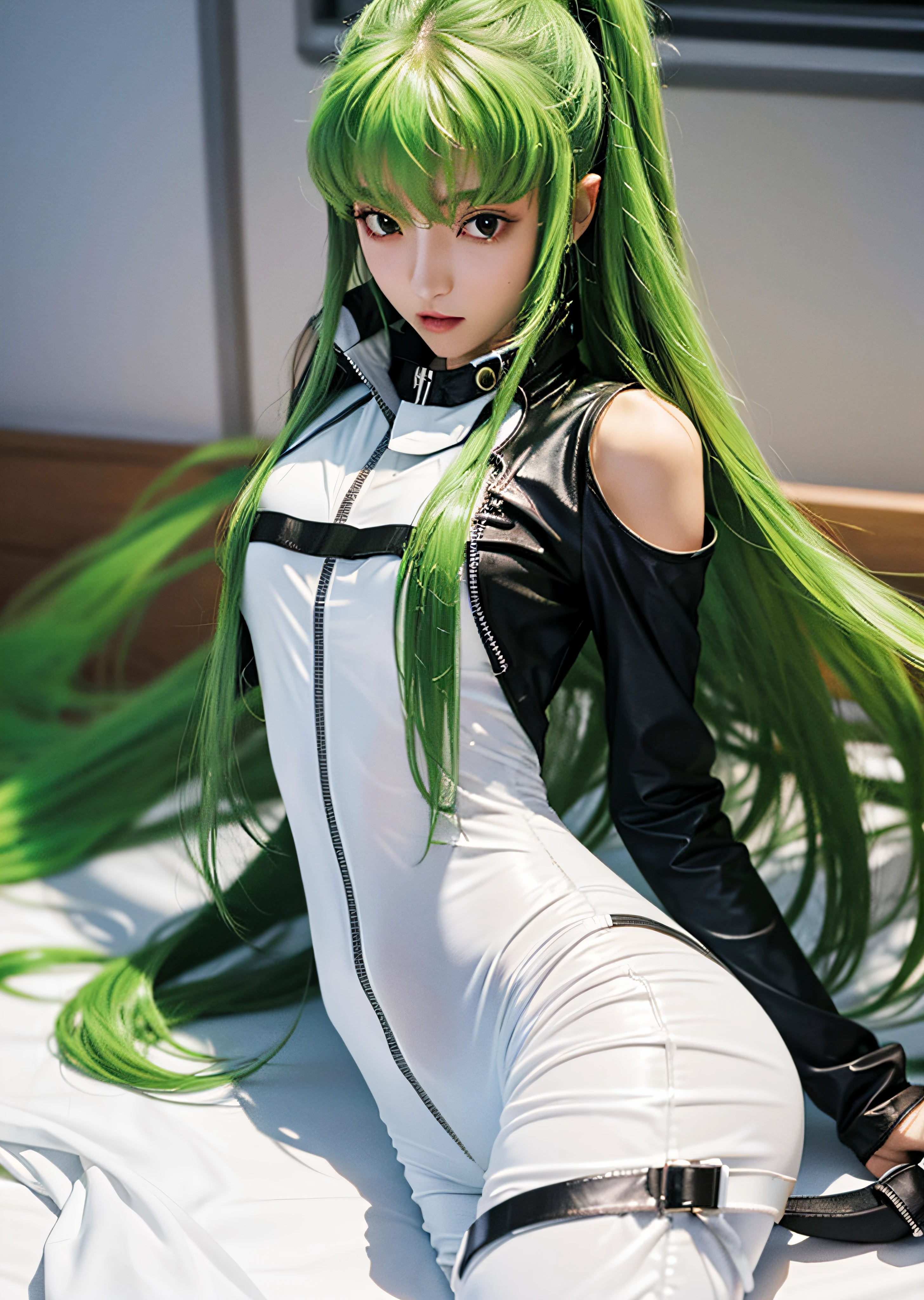 c.c., wavy hair, masterpiece, code geass, very long green hair, shiny metal plate, see-through silhouette, (naked:1.4), (see-through white bodysuit:1.4), best anime sexy girl, 1girl,