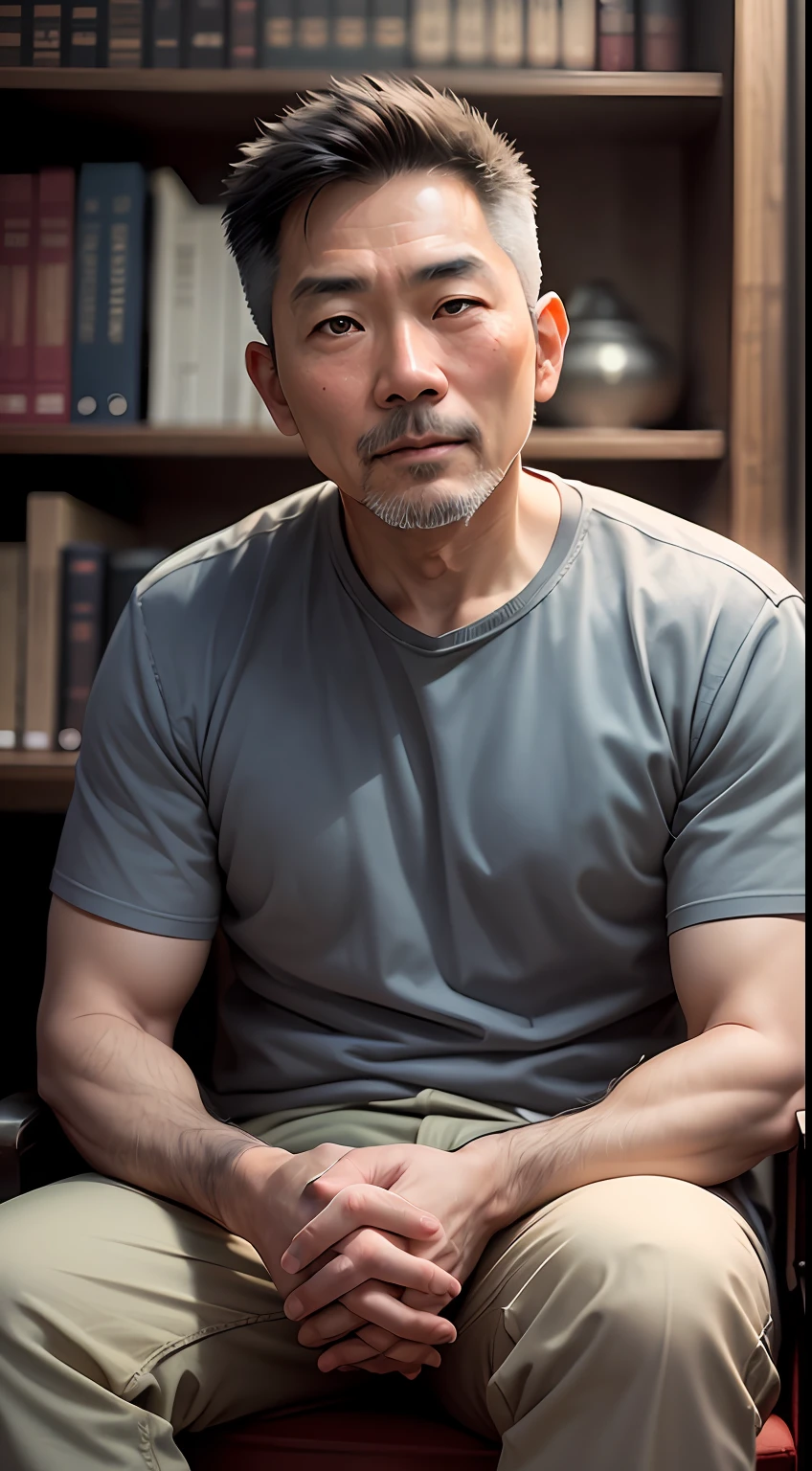 An Asian Man, Man in his 40s, bearded, grayish hair, brown eyes, sitting in front of a bookcase, 50mm lens portrait, 50mm portrait, Old man 5 0 years old, Men's photo, Photo taken with Sony A7R, 8K portraits, Shot with Sony Alpha 1 --auto