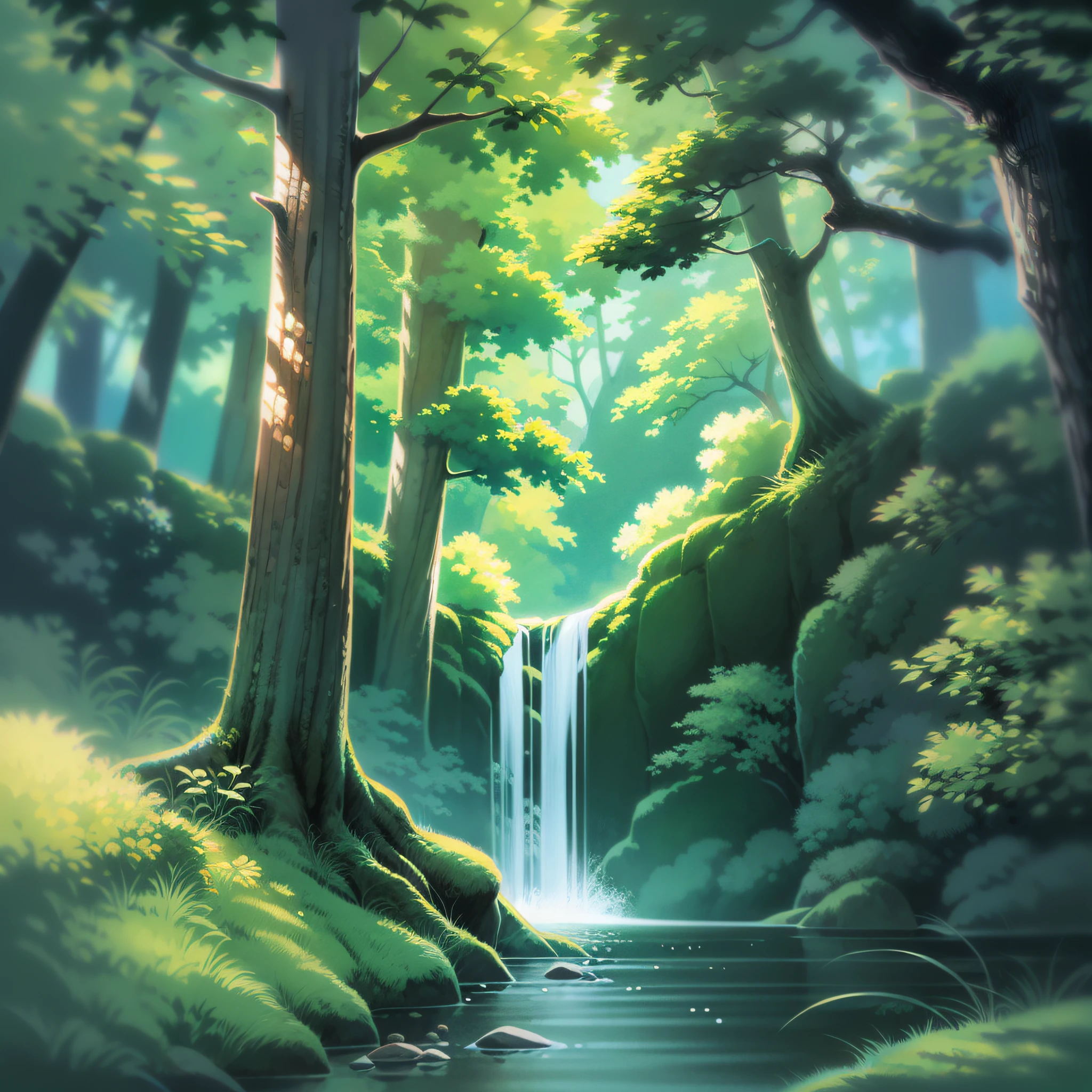 Sea of trees drawn by famous animators、(((No person)))、Background with、The tree々full、in mountains、Animal Pass