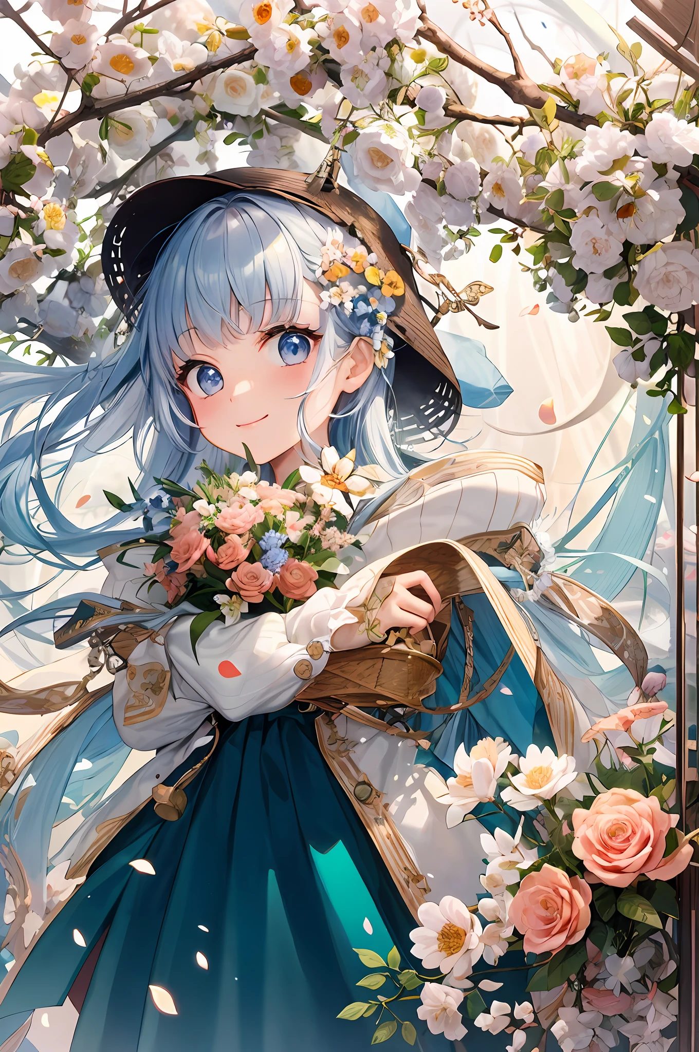 tmasterpiece, Better quality, 1 Barbie, Solo, Long hair, looking at viewert, ssmile, rim, a skirt, Camisa, longer sleeves, bucket-hat, shift dresses, the bow, participate, Keep one's mouth shut, florals, Frilly, hair flower, Flower petals, flower bouquet, croped, Blooming bouquet, ricefield, florals, ricefield,