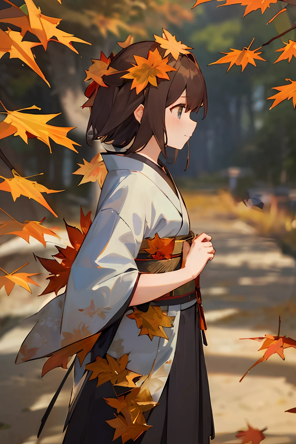 whaite hair,pony tails,The upper part of the body,sideface,Gold trench coat,On the path of the maple forest,ssmile,The halo is mild,4K,delicated,Pubic area is clear