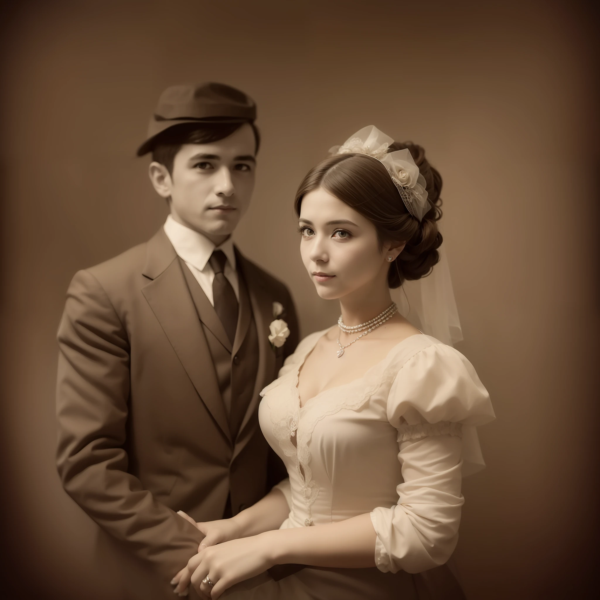 Foto sepia de un matrimonio de 1900. Pintura digital. Ultra sharp and cinematic