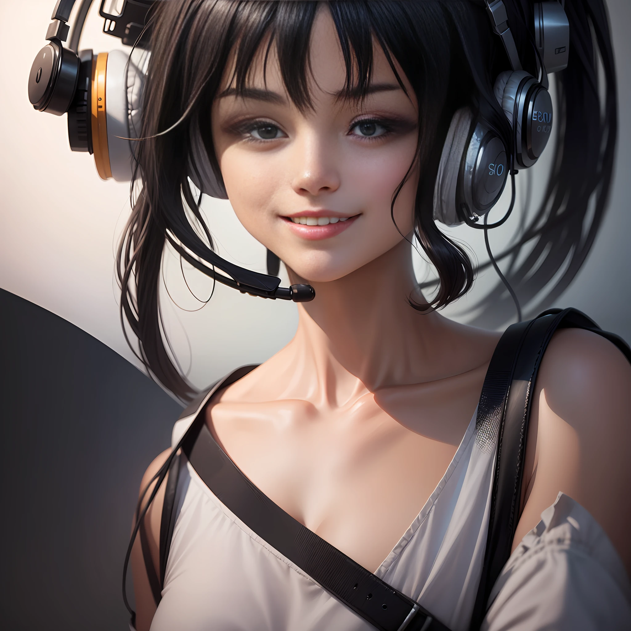 Black hair, Gradient hair, ,headset on head, Seductive smile, surrealism, modern, Depth of field, character sheets, From below, Sony FE GM, 8K, Super detail, High quality, A high resolution --auto