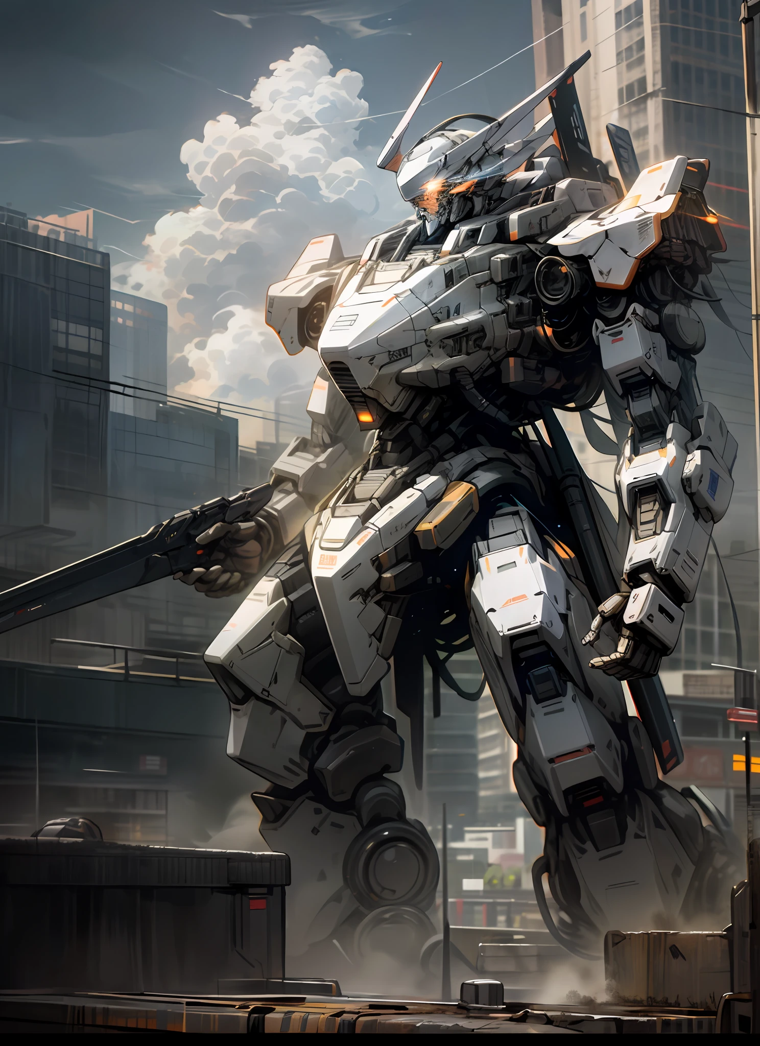 sky, cloud, holding_weapon, no_humans, glowing, , robot, building, glowing_eyes, mecha, science_fiction, city, realistic,mecha