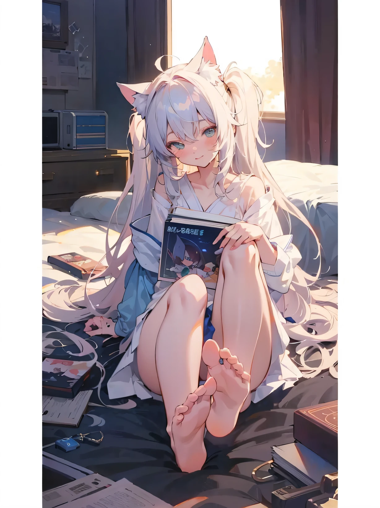 Anime girl sitting on bed，On his lap was a book, beautiful anime catgirl, White Cat Girl, cute anime catgirl, Very beautiful anime cat girl, nightcore, anime catgirl, up of young anime girl, anime girl with cat ears, (Anime girl), An anime girl, Anime moe art style, Guviz, animeaesthetic --auto