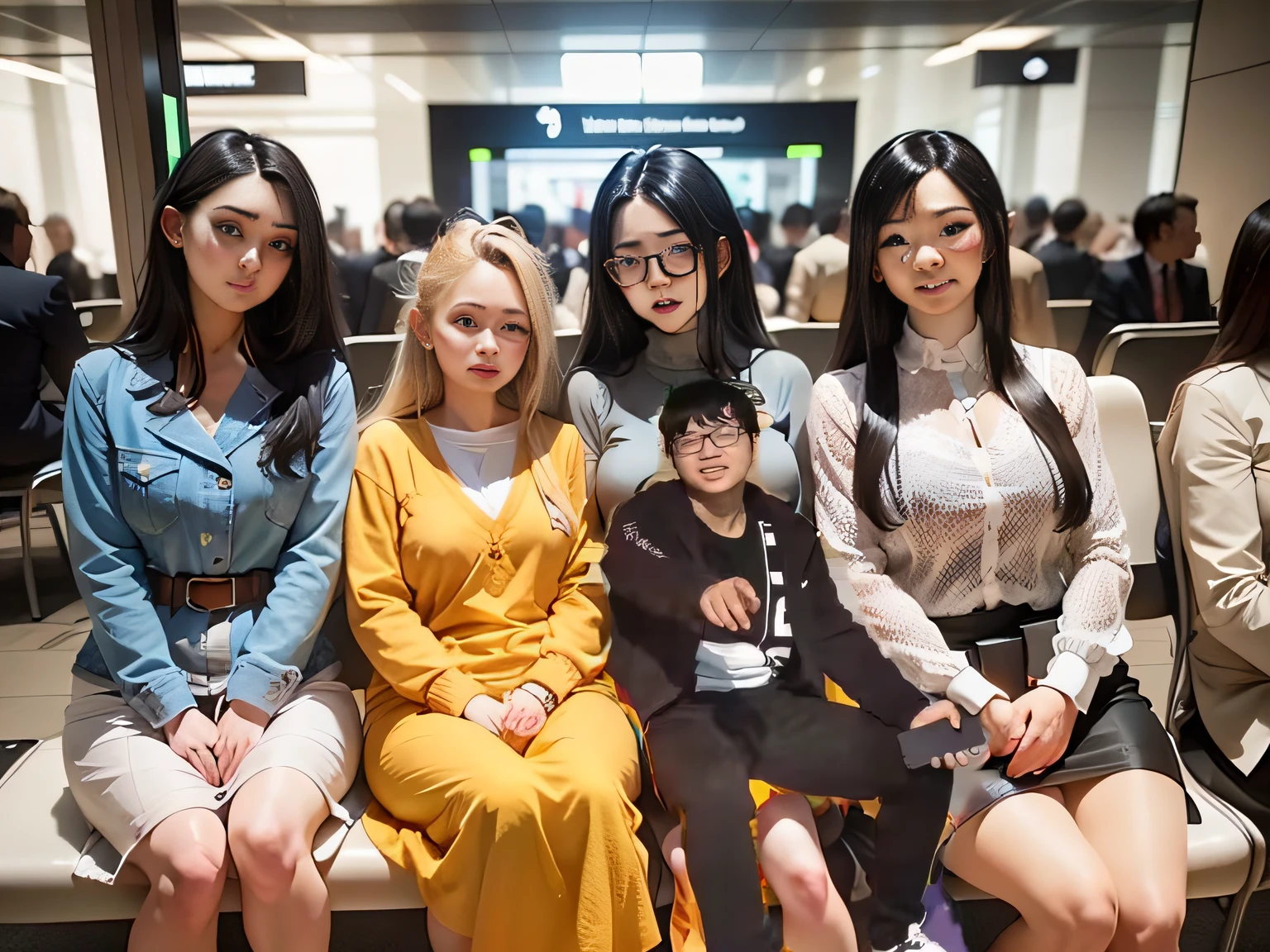 A man sits next to a group of beautiful women with long black hair --auto