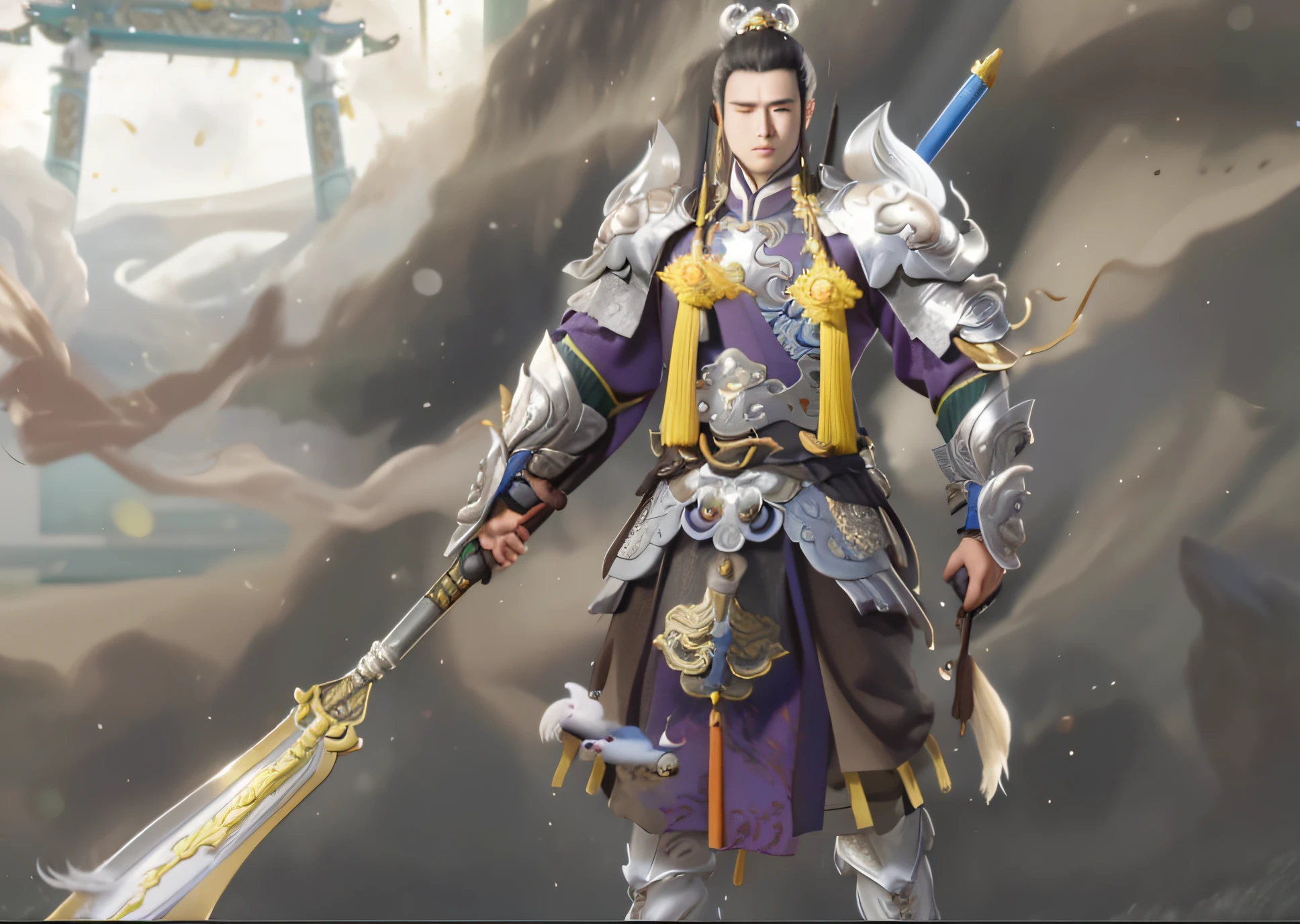 Close-up of a man in battle armor holding a spear, Inspired by Huang Shen, zhao yun, Inspired by Shen Zhou, Inspired by Hu Zaobin, inspired by Li Kan, Chinese Warrior, inspired by Shen Quan, Inspired by Seki Dosheng, inspired by Guo Chun, bian lian, Dynasty warriors, Inspired by Zhao Yuan