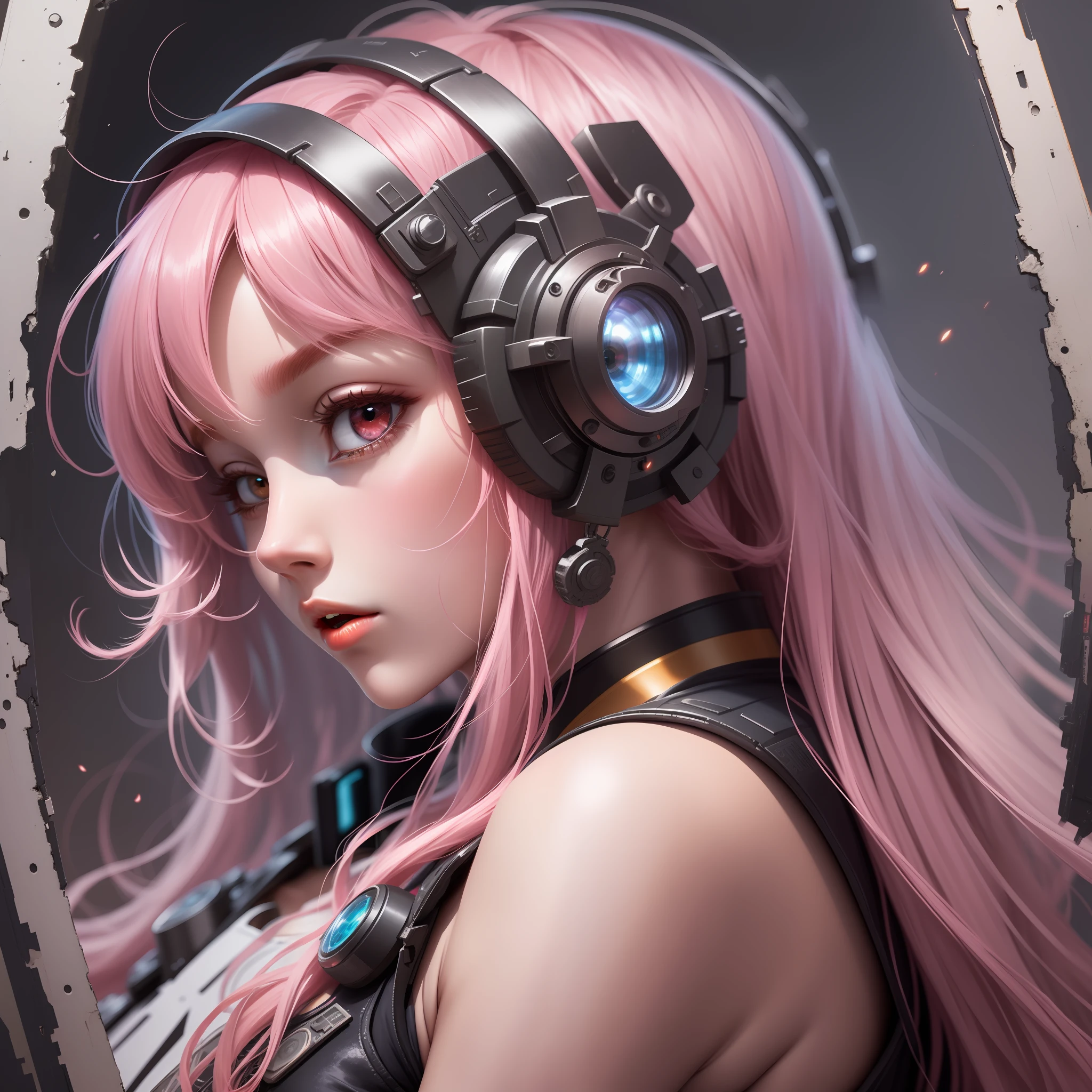 Long-haired mech girl, pink hair, hair over shoulder, hime cut, high detail, Surrealism, Expressionism, reflection light, film grain, Fujicolor, stereogram, vignetting, UHD, masterpiece, masterpiece, super detail, high details, best quality, 1080P