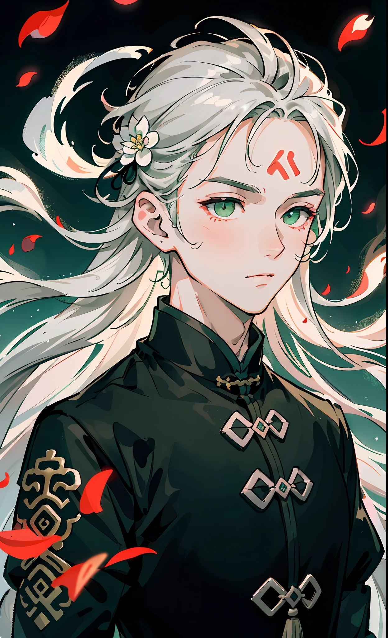 Adult male, strong, green eyes, long silver hair, floating hair, forehead wipe, resolute eyes, complex white Taoist Taoist uniform, gorgeous accessories, magic smoke around him, fov, f/1.8, masterpiece, ancient Chinese architecture, night, flower petals flying, front portrait shot, side lighting, moonlight shining on people, 8K