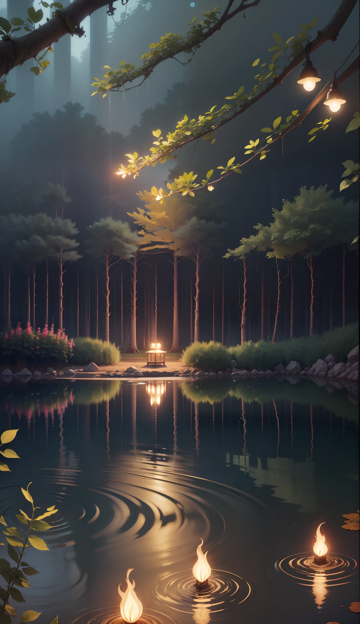 There is a reflection of light on the surface of the lake