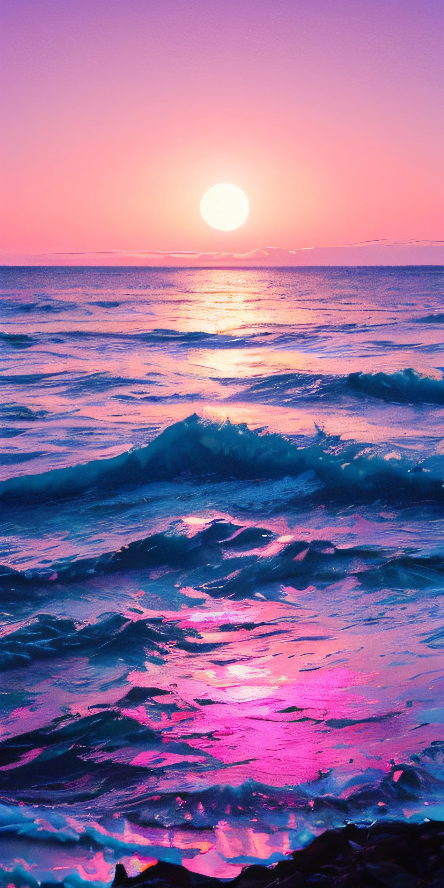 Pink moon, pink sky, soft pink clouds, pink ocean waves sparkling, sparkling, pink roses on pink ocean, fantasy, diamond, crown, universe, soft lights,