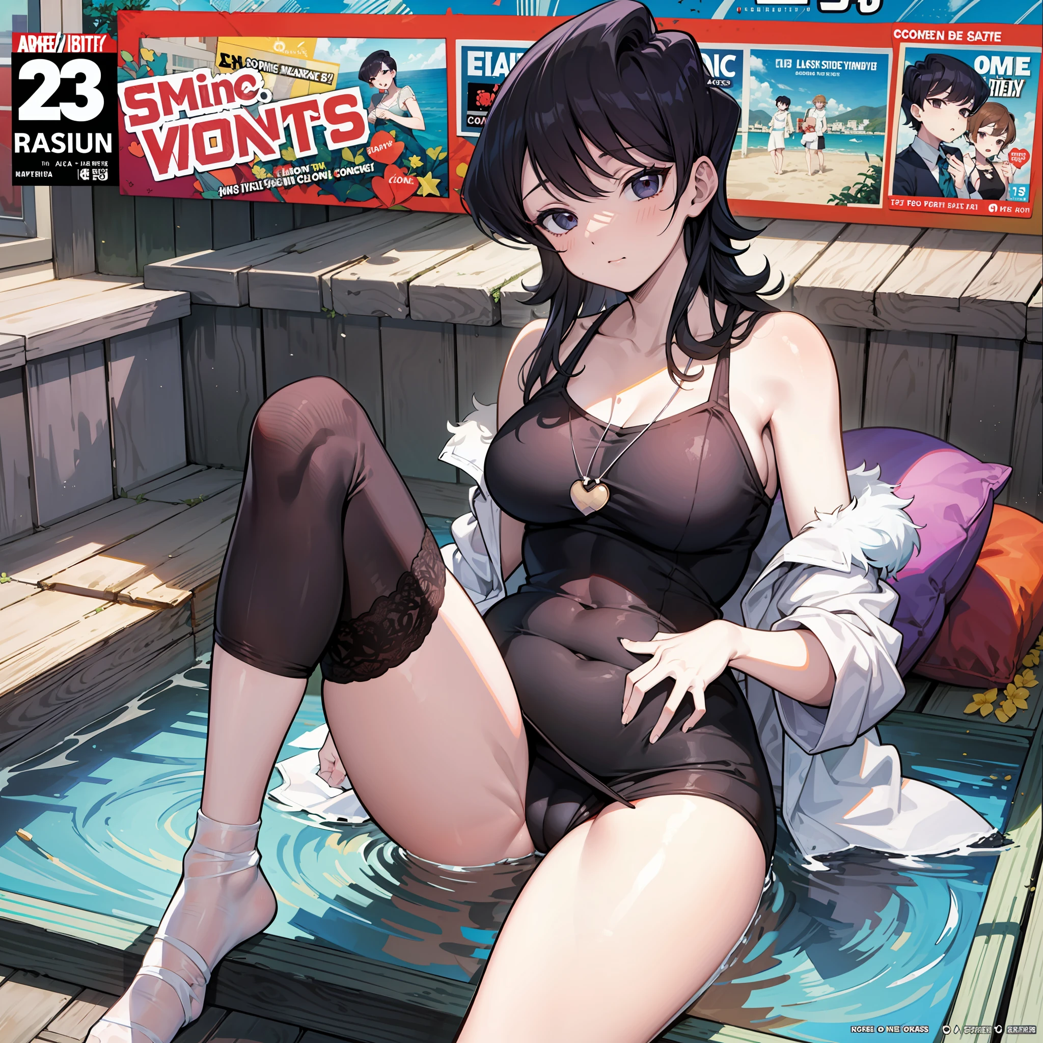 Komi Shuuko,Comic cover style，Comic title，Ripe and plump，Skimica style，A loving expression，Seaside vacation，Passionate，Erotic skinny one-piece stockings outline the line