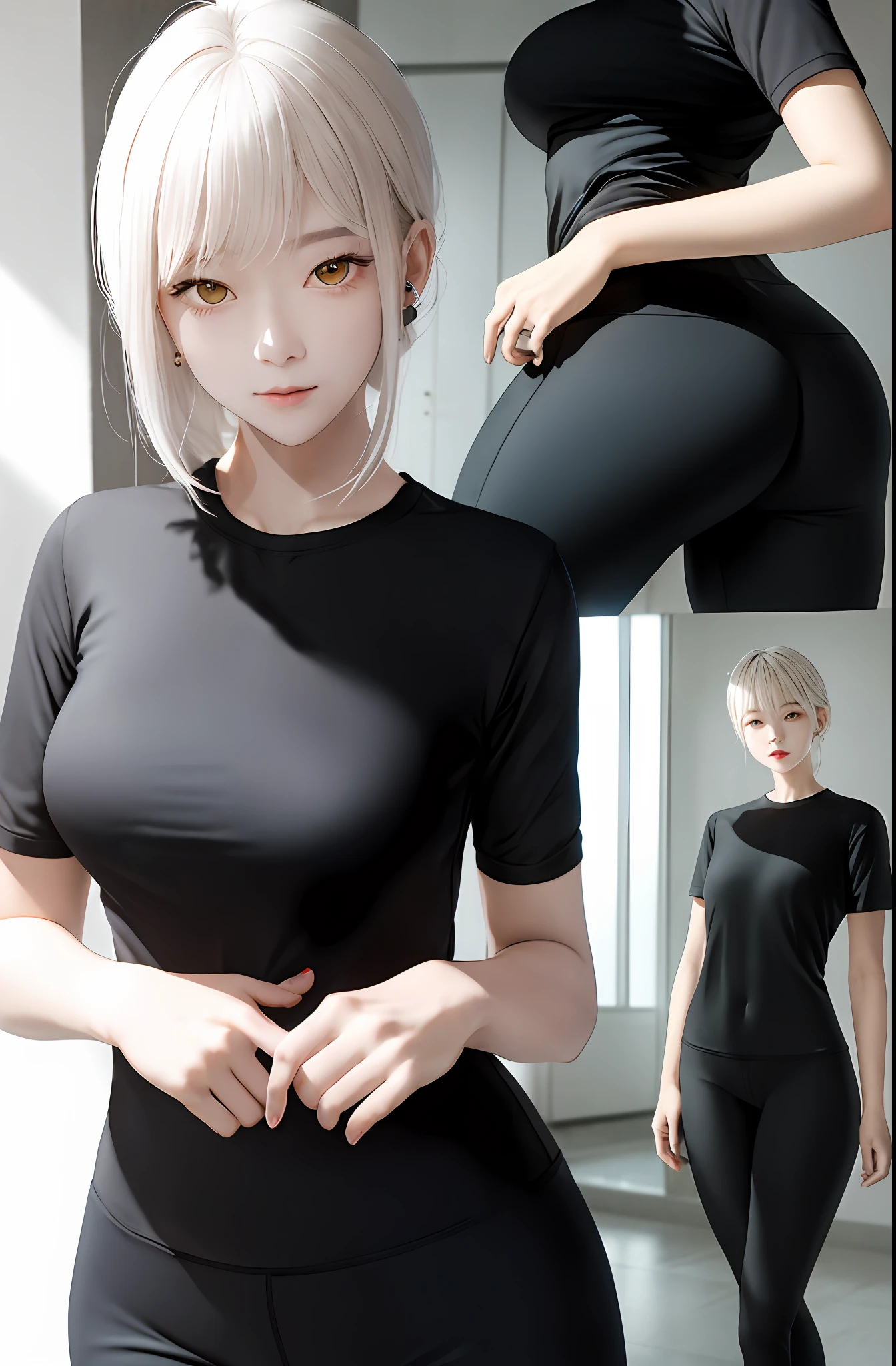 tmasterpiece,(真实感:1.4),best qualtiy,beautiful light up,(ulzzang-6500:0.5),(White hair)+(long whitr hair)+(The body is bumpy and shapely),Yellow eyes,Golden eyes, ((eye socket)), (Tight fitting shirts), (Leggings sweatpants), RAW photos, 8k uhd, filmgrain
