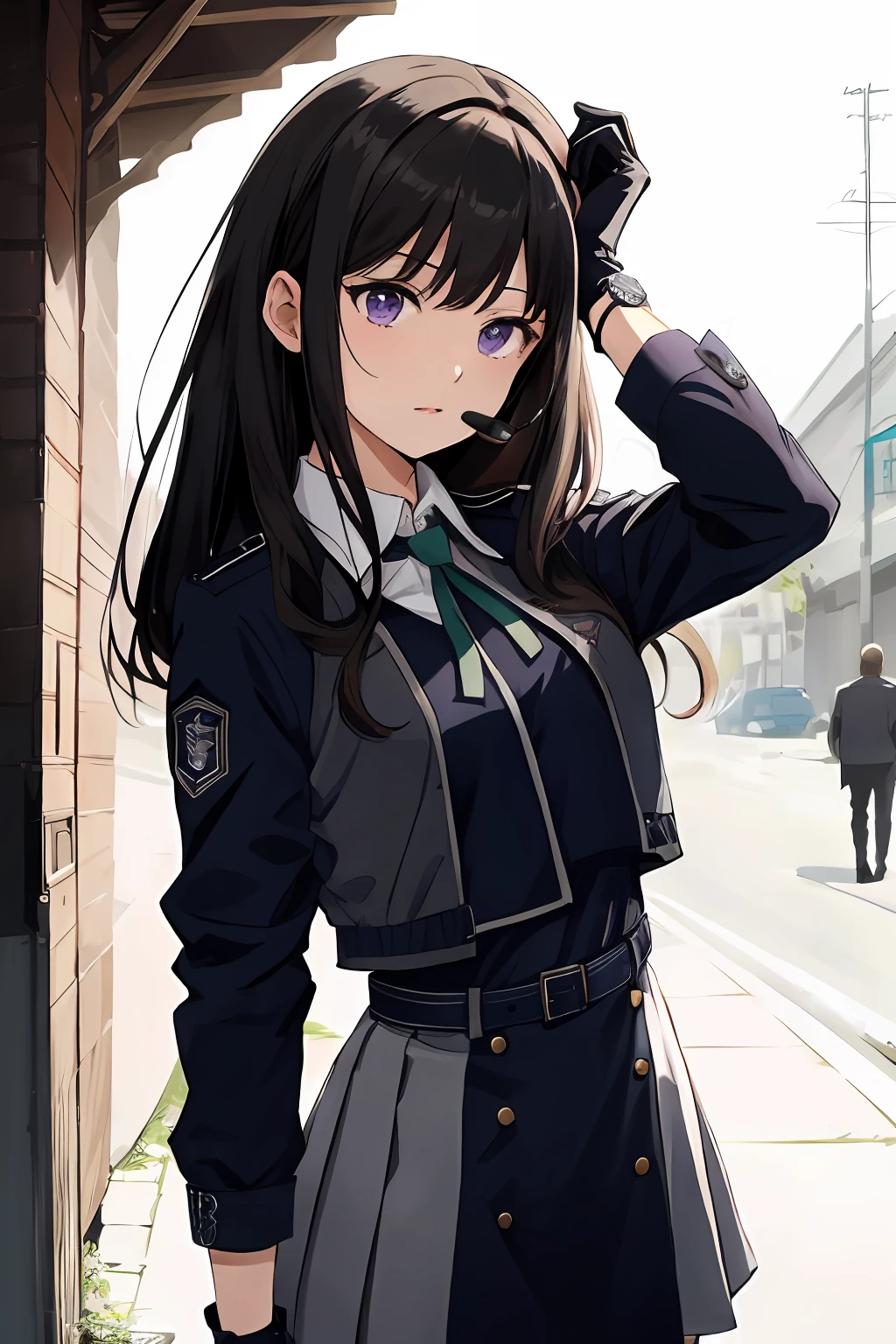 Inoue Takina, Long hair, Bangs, Black hair, (Purple eyes:1.2),
Shirt, Long sleeves, Dress, bow ribbon, School uniform, White shirt, Collared shirt, Belt bag, Neck ribbon, Blue Dress, Green Ribbon, pleated dress, grey dress, two-tone dress, Blue belt, Lycoris Uniform,
croptop, White socks, Buruma, Sports Bra, Sportswear, wrist watch, sports bikinis,
gloves, Long sleeves, Jacket, neck tie, Black Gloves, Collared shirt, Belt bag, Pants, vests, Black jacket, Black pants, Formal, Suit, red necktie, headset on head, Black Suit,