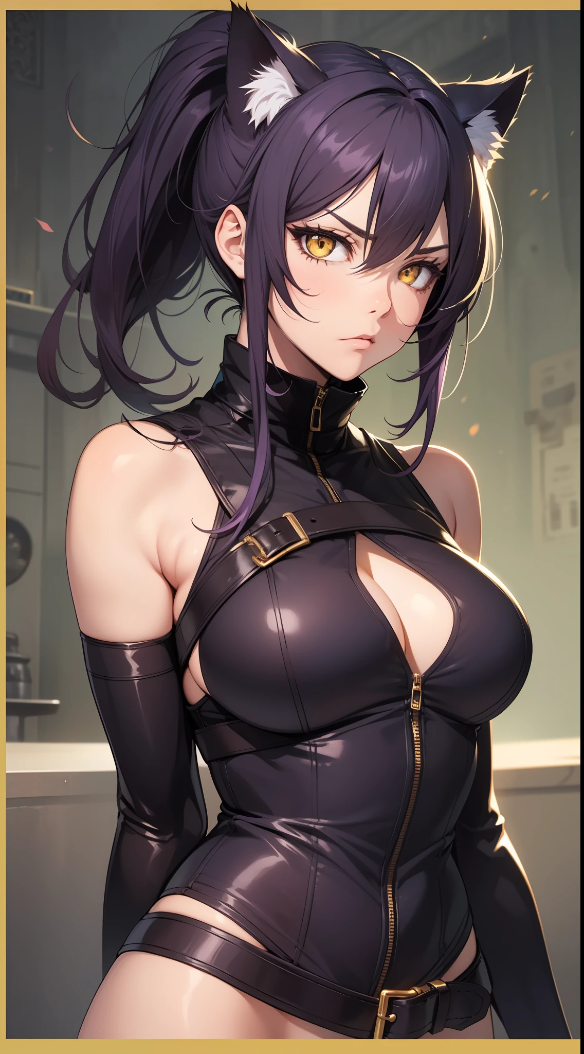 Adult woman, Dark purple hair, low ponytail, golden eyes, cat ears, Assassin Form, Sleeveless, anger, Masterpiece, hiquality