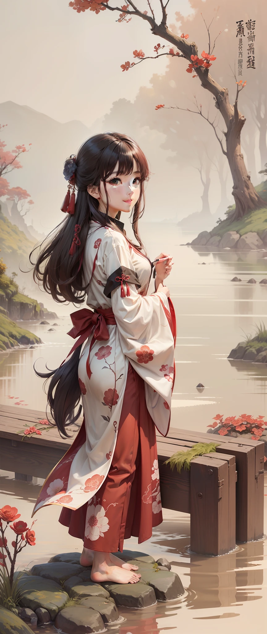 ((4K,巨作,Best quality)), shuimobysim, Traditional Chinese painting, SakuraNS, komono, maxikit, Dress conservatively 1girl, Solo, Red long-haired, ssmile, standing on your feet, feet in water, The barefoot,Red long-haired