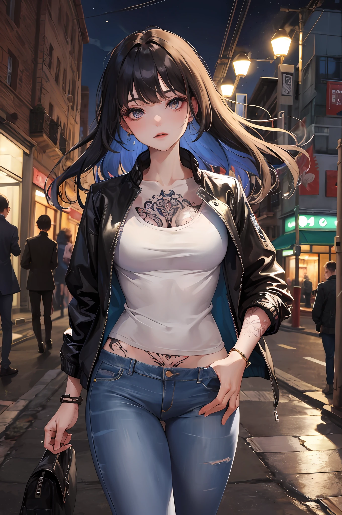 (masterpiece, best quality), 1girl, emo, beautiful hair, colorful hair, intricate jacket, jeans, magical tattoos, perfect night, moonlight, street