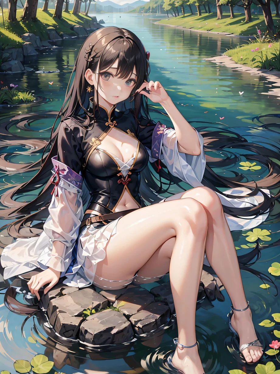 ，masterpiece, best quality，8k, ultra highres，The heroine comes to a peaceful lake，She sits on a rock by the lake，Watch the water ripple，Thoughts wander。She raised her hand，Gently paddle across the lake，Ripples form，It seems to be trying to find the inner waves。The lake is deep and tranquil，It was in stark contrast to the contradictions and pains in her heart。