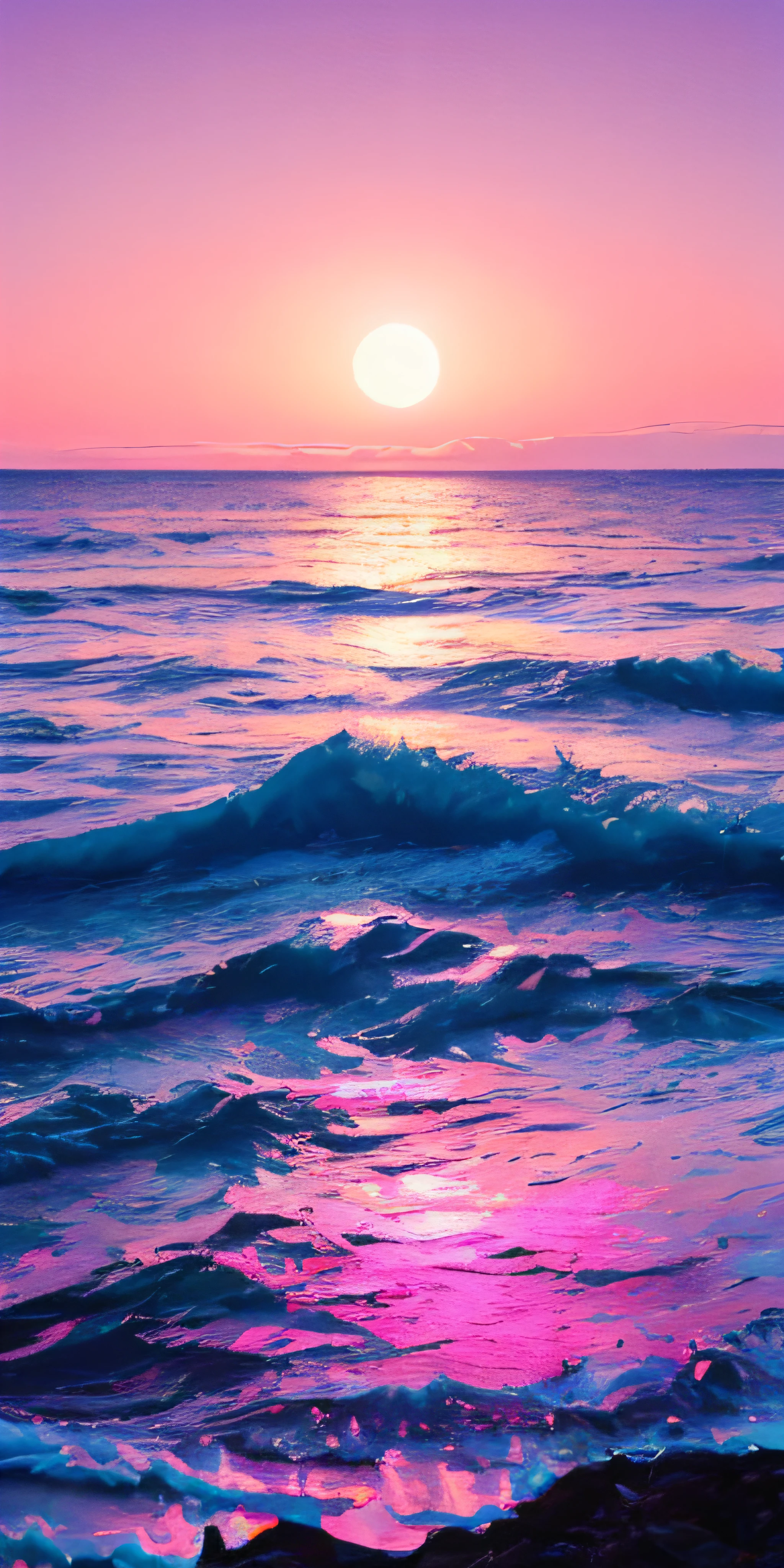 Pink moon, pink sky, soft pink clouds, pink ocean waves sparkling, sparkling, pink roses on pink ocean, fantasy, diamond, crown, universe, soft lights,