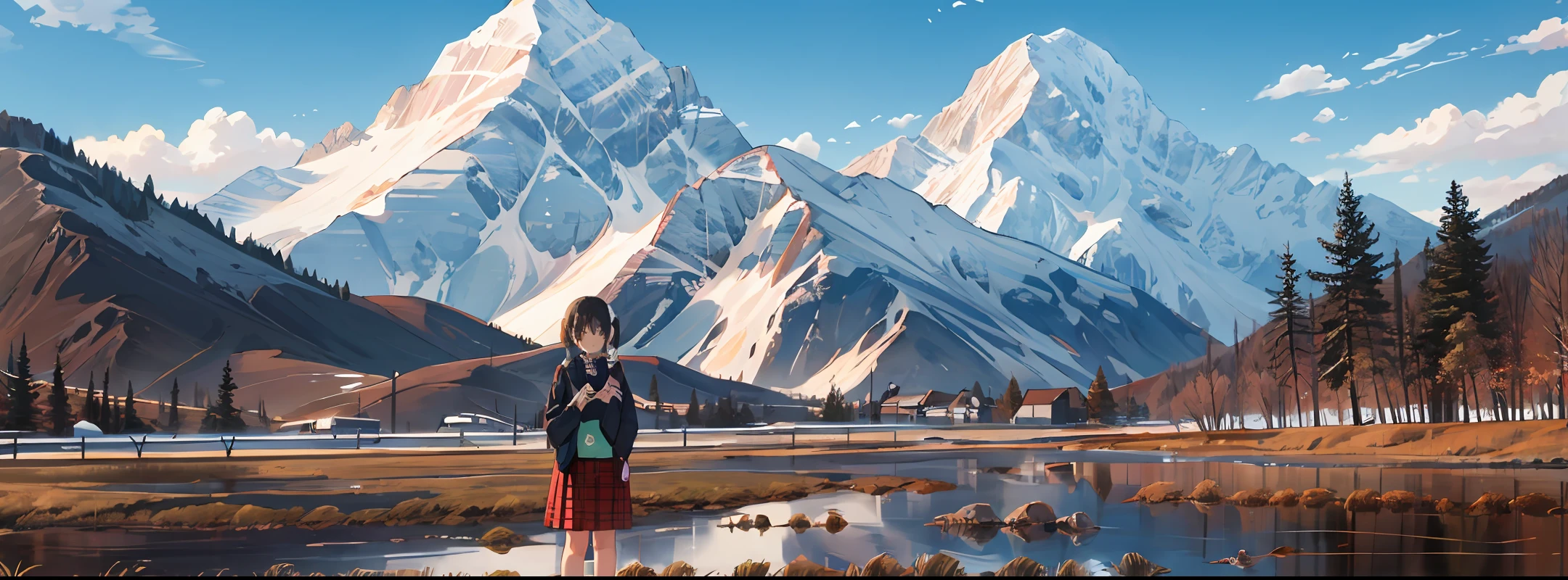 12 year old girl with two pigtailed plaid shirts。The background is the big mountain