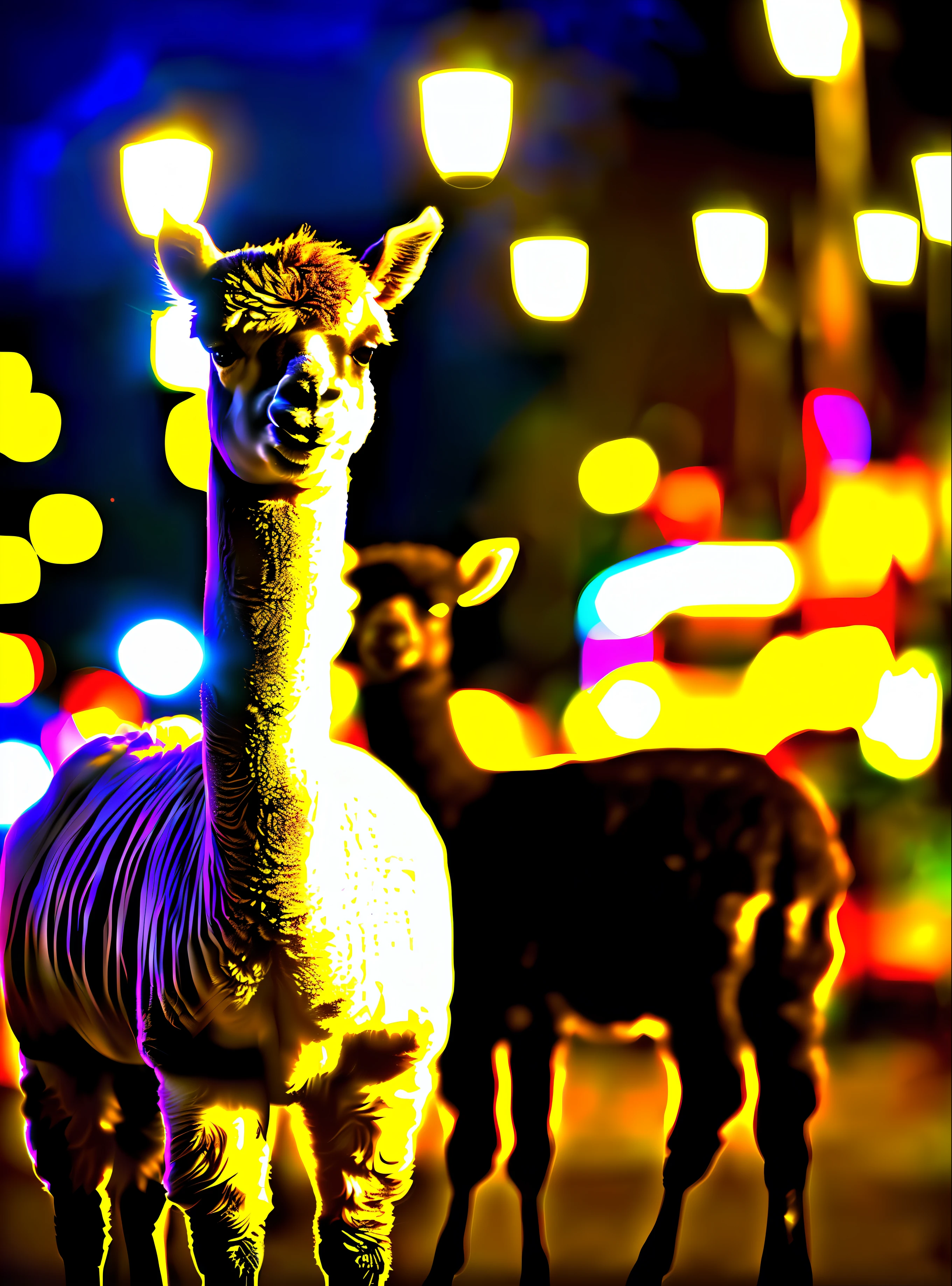 cyber punk perssonage，Realistic alpacas，城市，the night，Beautiful night view of the city，Cool alpaca，Laser eyes，Alpacas are the protagonists，bokeh