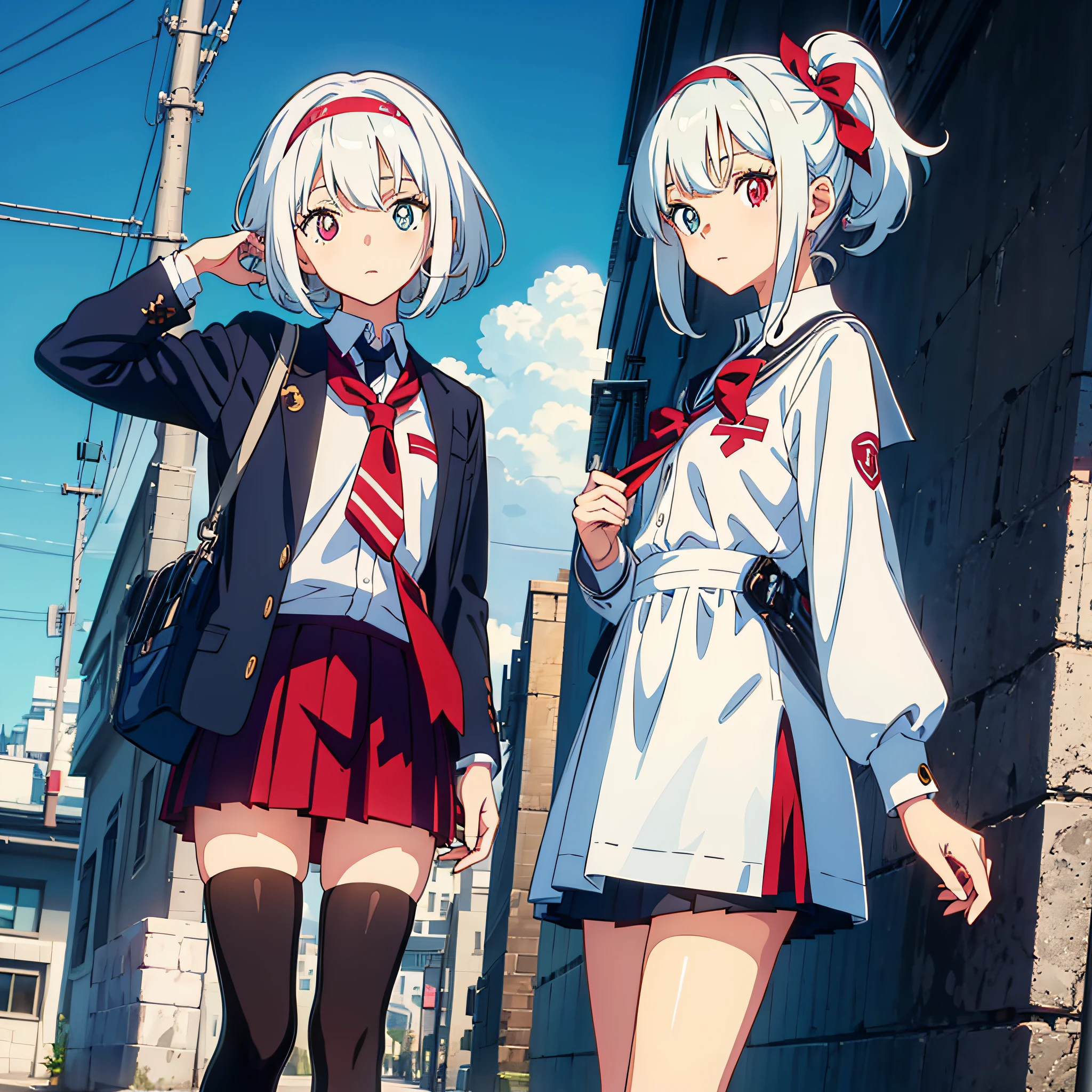 Anime characters with white hair and blue eyes, anime visual of a cute girl, Anime moe art style,Girl with short white hair, Shoujo white hair young anime girl, official character art,Suit school uniform,s girl,White color hair sky blue gradient,red hairband,Heterochromic pupils,tilts your head,face expressionless,underage,flatchest,apathy,short ponytail hair