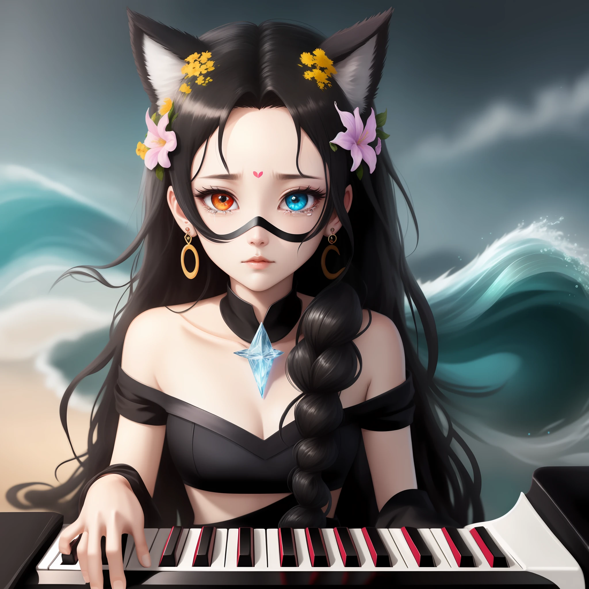 black hair, long hair, hair spread out, tentacle hair, forehead mark, mask on head, heart-shaped pupils, streaming tears, longeyelashes, heterochromia, animal ears, crystal earrings, flower sea, Playing the piano, anime, high detail, super detail, 16k, best quality, high details, best quality, best quality