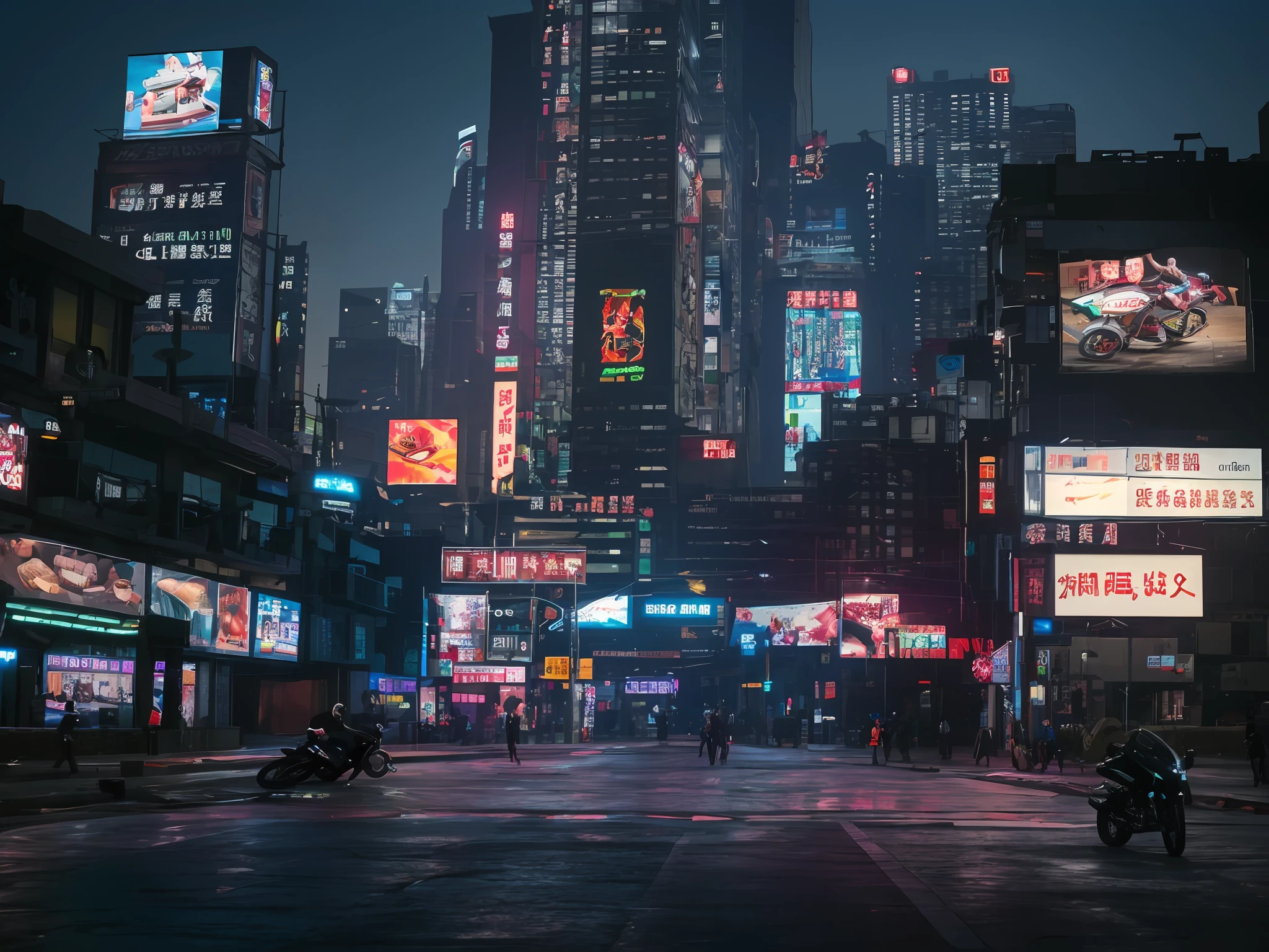 Masterpiece, High quality, Highly detailed, There are a lot of people walking the streets at night, giant red led screens, overlaid with chinese adverts, digital billboard in the middle, neon signs in background, one motorbike in center of frame, large commercial led screens, shenzhen, giant led screens, bright neon lights from the city, Neon advertising, illustration,