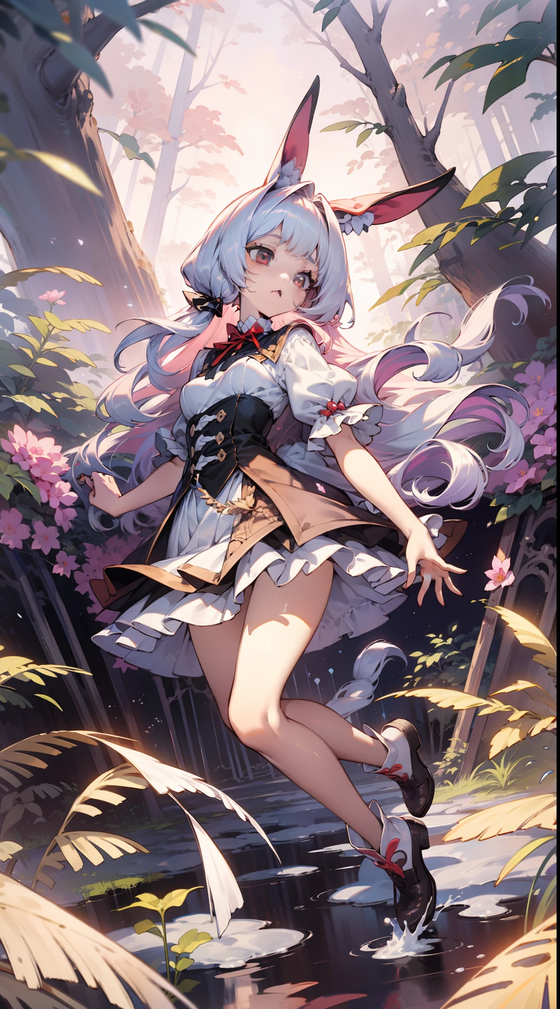tmasterpiece, teens girl,Small loli,Bunny ears,full bodyesbian,aethereal, Intricate Painting, Sharp focus, illustratio, dream magical,Lolita skirt,Delicate skirt,Fair skin,Red pupils,long white hair,Delicate hair,dual horsetail,edgBunny,forest backgrou