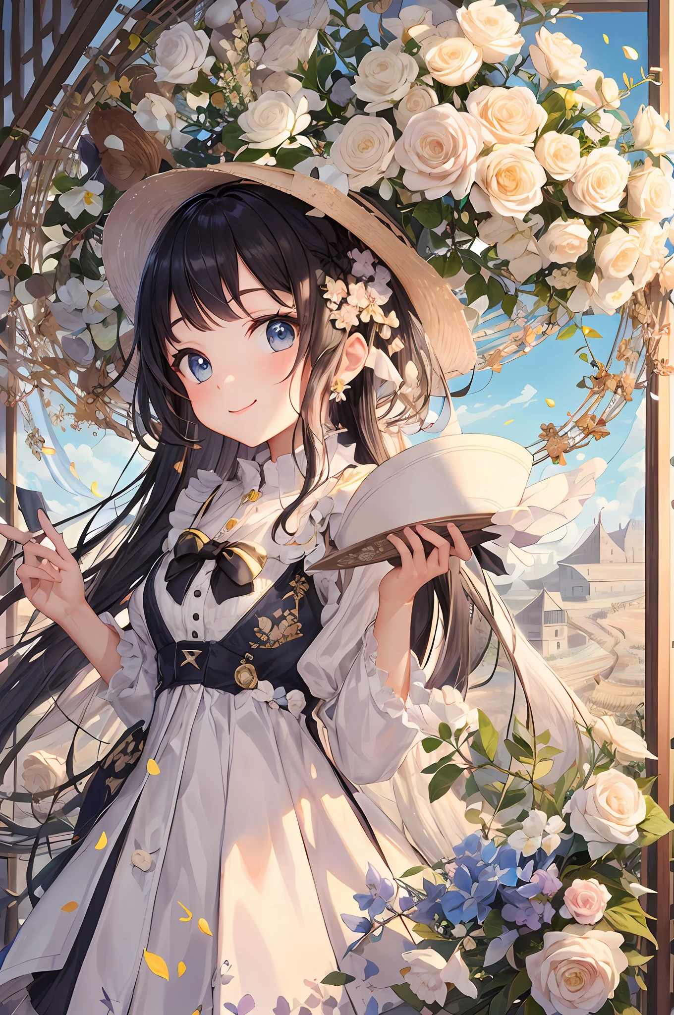 tmasterpiece, Better quality, 1 Barbie, Solo, Long hair, looking at viewert, ssmile, rim, a skirt, Camisa, longer sleeves, bucket-hat, shift dresses, the bow, participate, Keep one's mouth shut, florals, Frilly, hair flower, Flower petals, flower bouquet, croped, Blooming bouquet, ricefield, florals, ricefield,