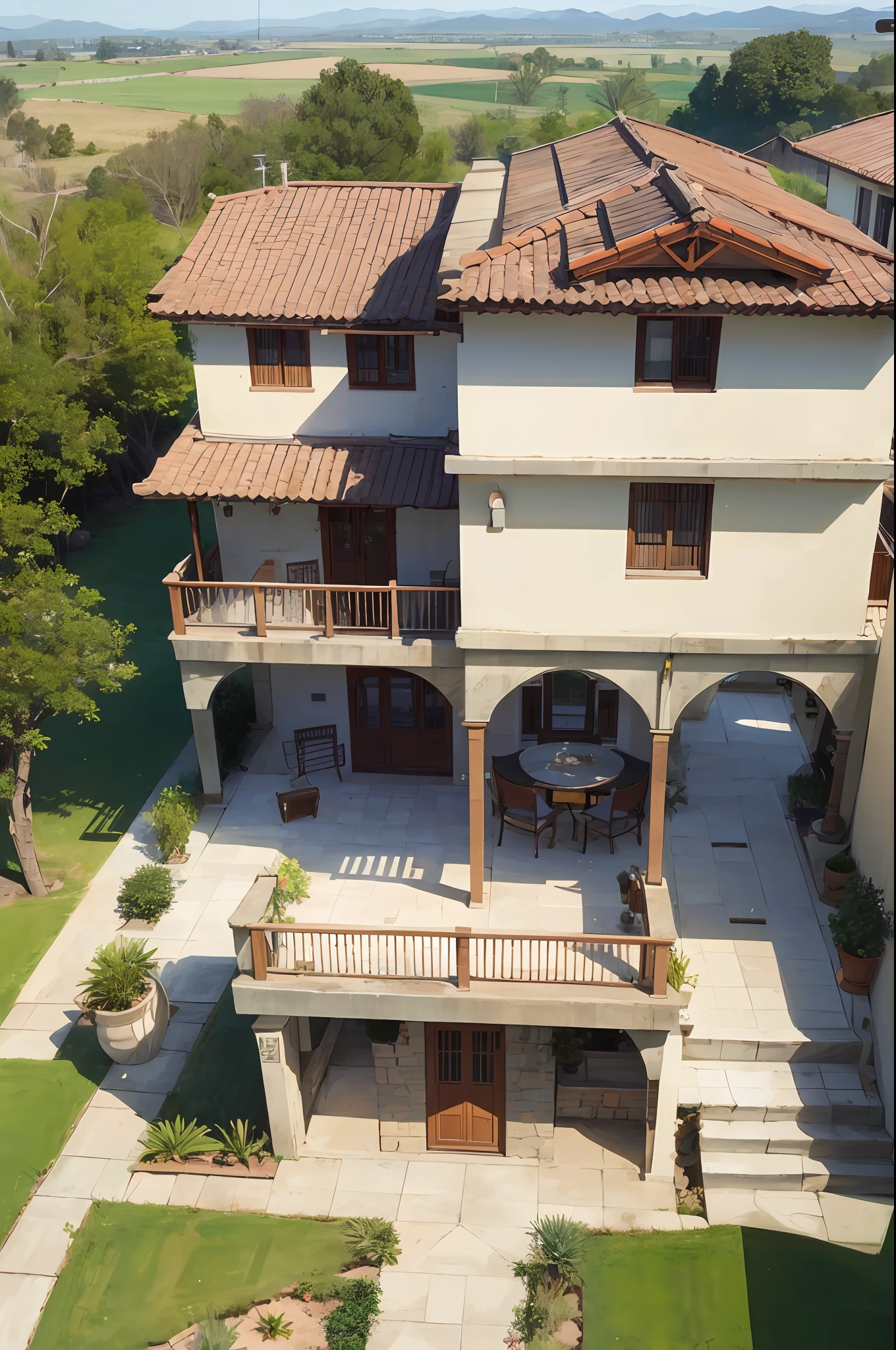 Three storey building,zona rural,pools of water,Large patio,wall,Semi-top view,tmasterpiece,Best quality at best --auto