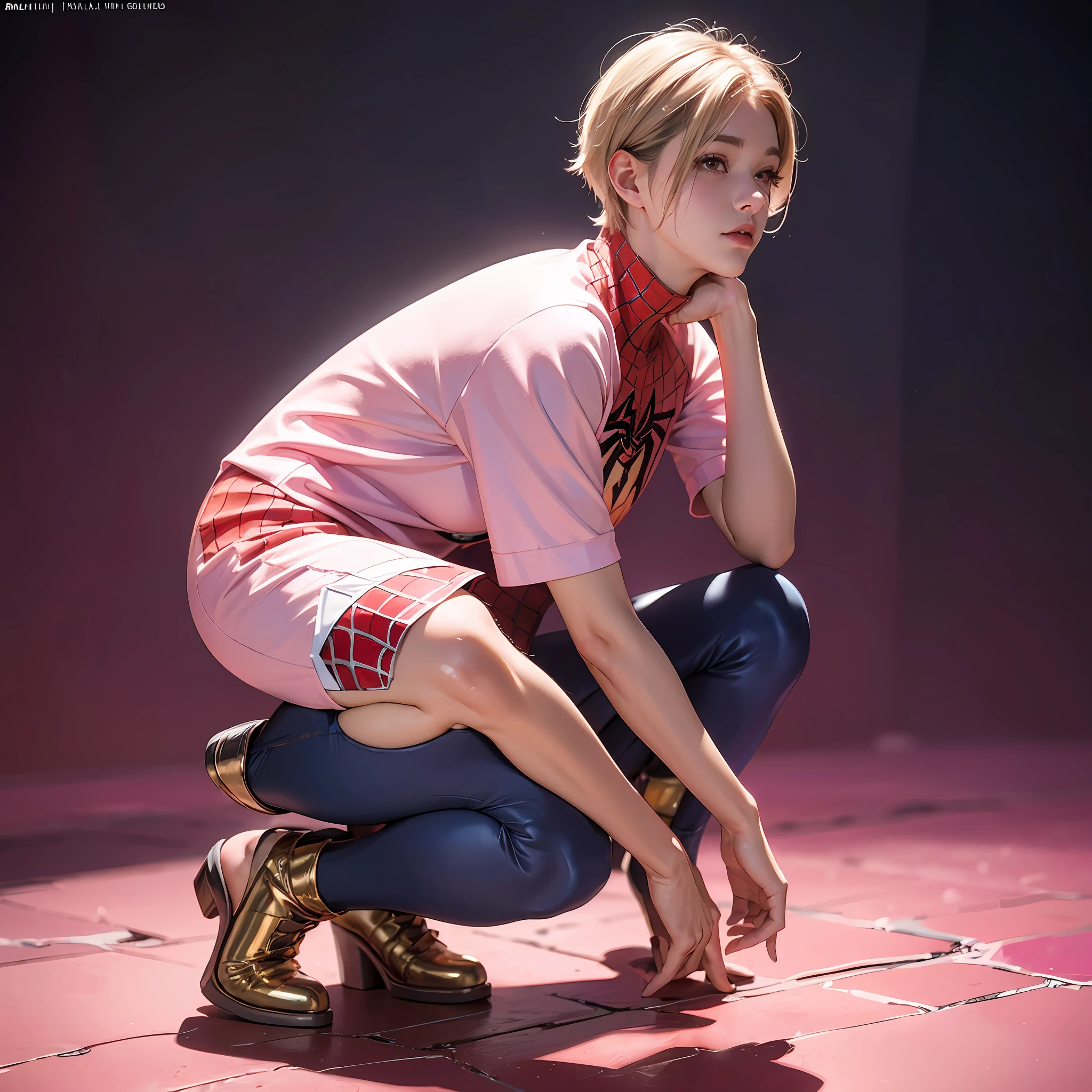 Beautiful Spider-Man costume outfit,((White pink clothing)),24mm,4K textures,low-light,with short golden hair,highly details,(side of head shaved:1.3),Sharp focus,insanely details,Complicated details,Hyper-detailing,squatting pose ,Full-body photos --auto