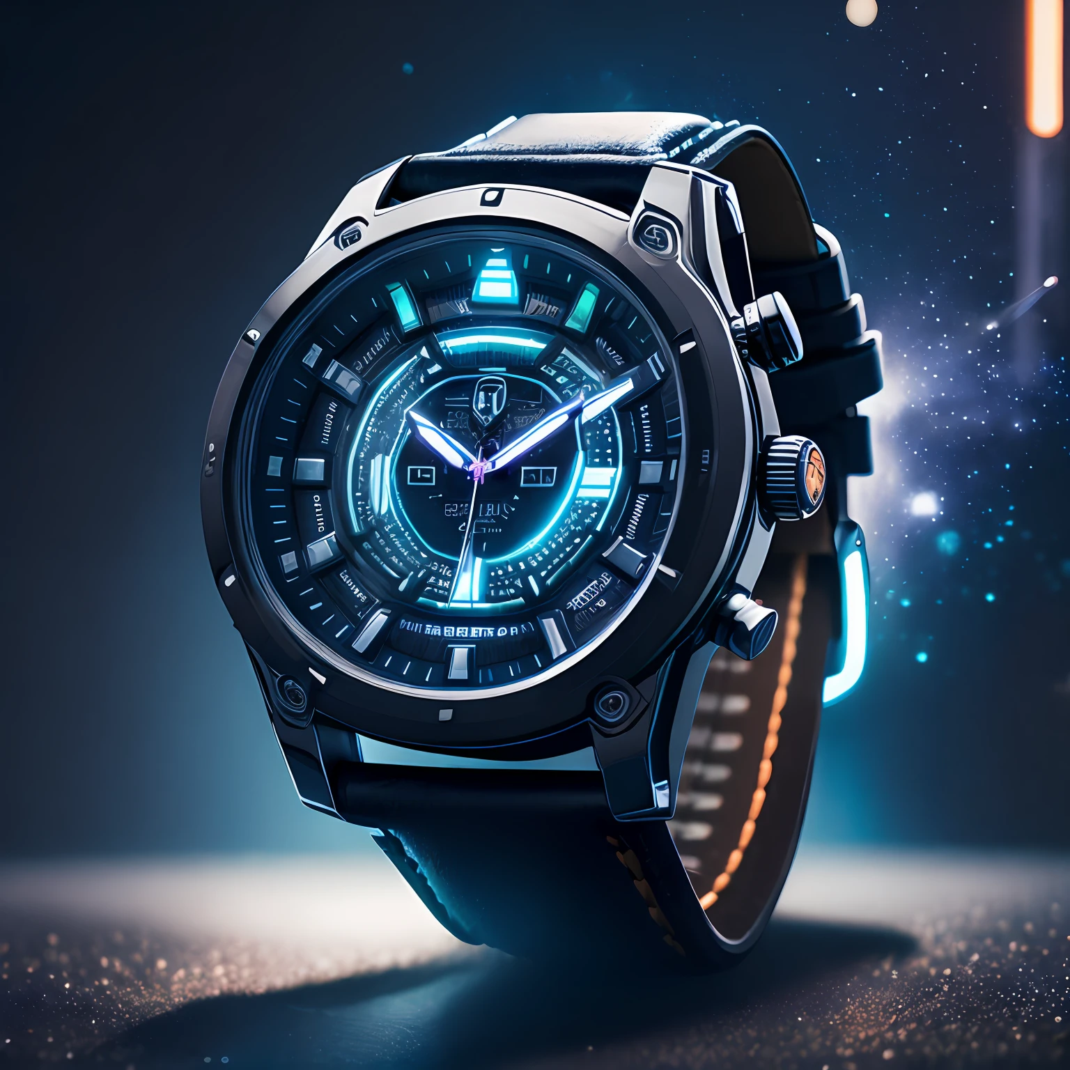 product photography of a cyberpunk hand watch, epic render, octane, atmosphere, particles, soft volumetric lights, (backlit:1.3), (cinematic:1.3), intricate details, (ArtStation:1.3)