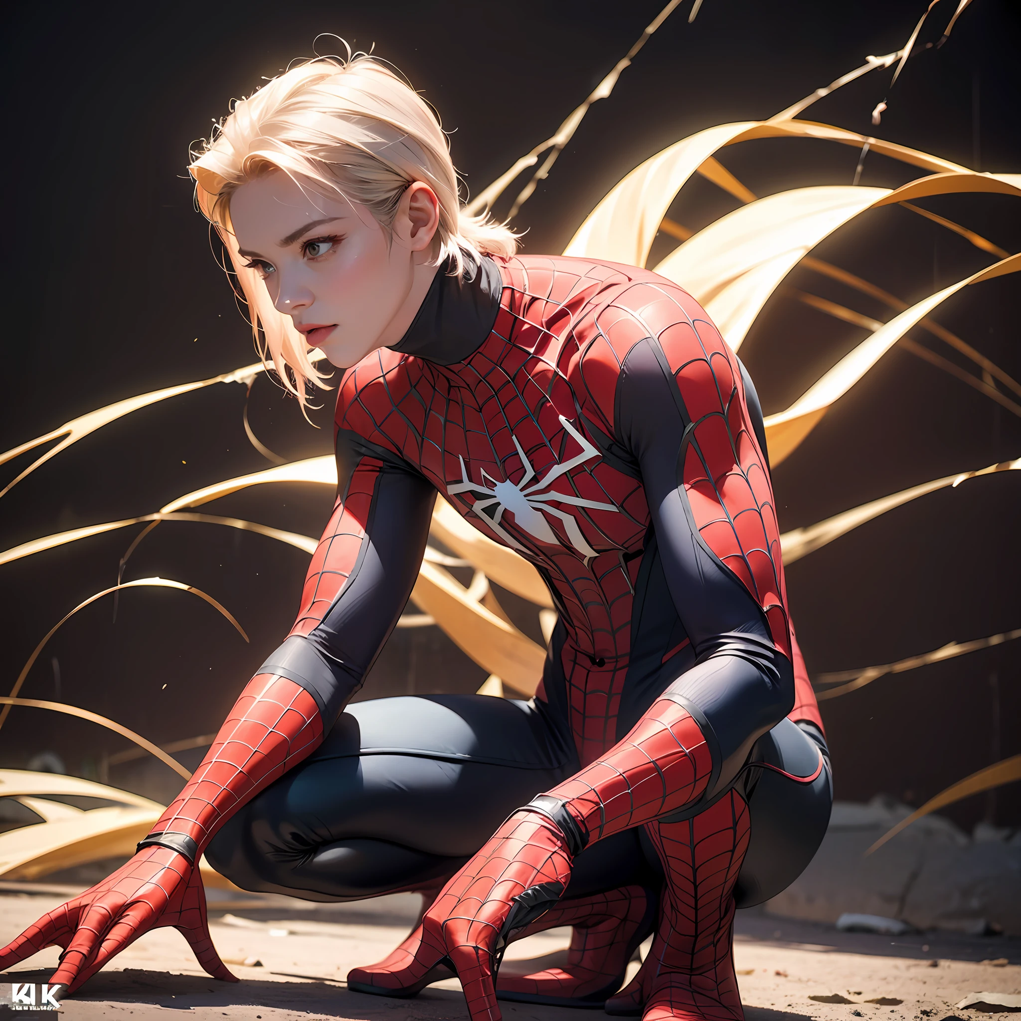 Beautiful Spider-Man costume outfit，（(White pink clothing))，24mm，4K textures，low-light，with short golden hair，highly details，（side of head shaved：1.3），Sharp focus，insanely details，Complicated details，Hyper-detailing，squatting pose ,Full-body photos --auto