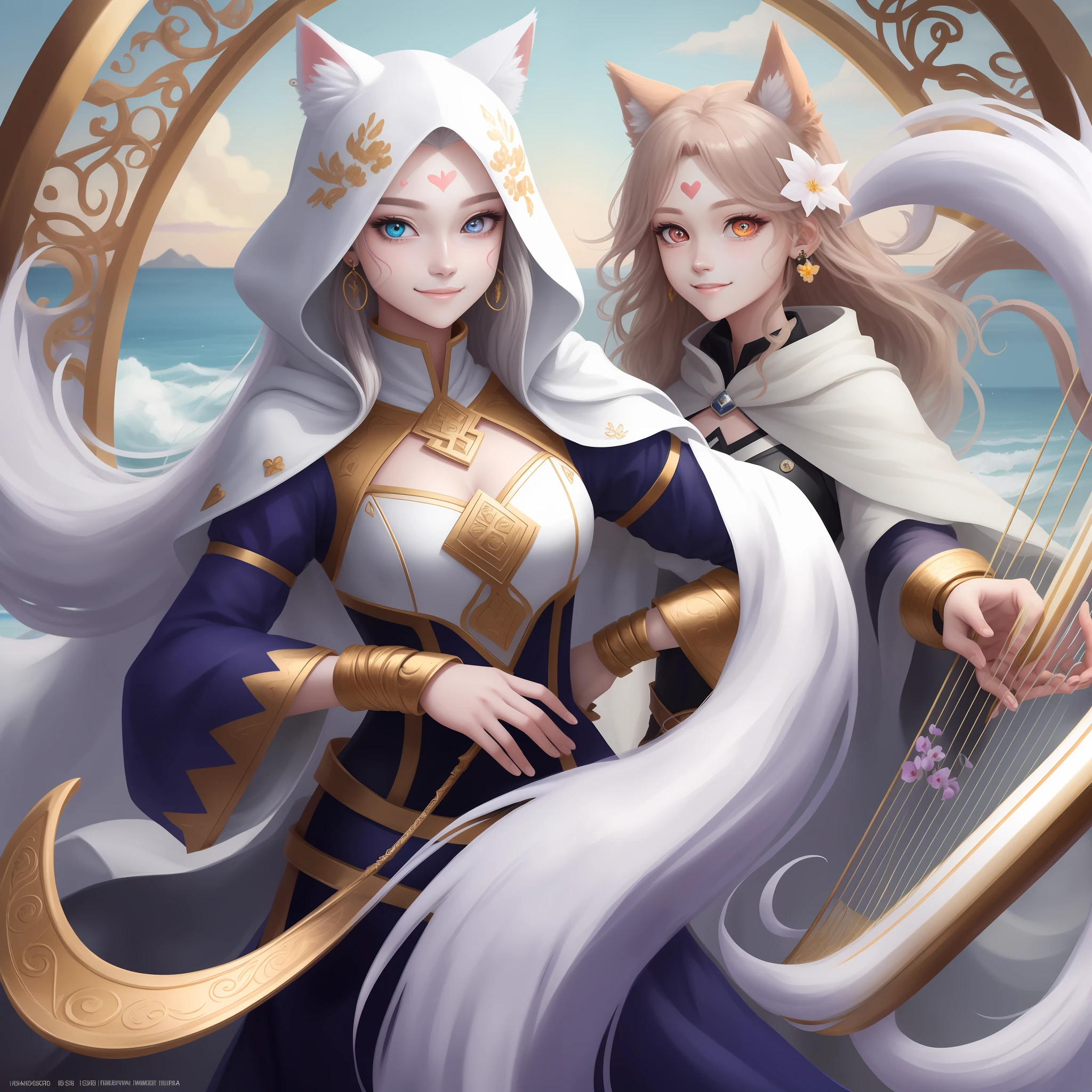 long hair, hair spread out, tentacle hair, forehead mark, mask on head, heart-shaped pupils, longeyelashes, heterochromia, animal ears, crystal earrings, flower  sea, White cloak, Play the harp, cheek-to-cheek, forced smile, anime, high detail, super detail, 16k, best quality, high details, best quality, best quality
