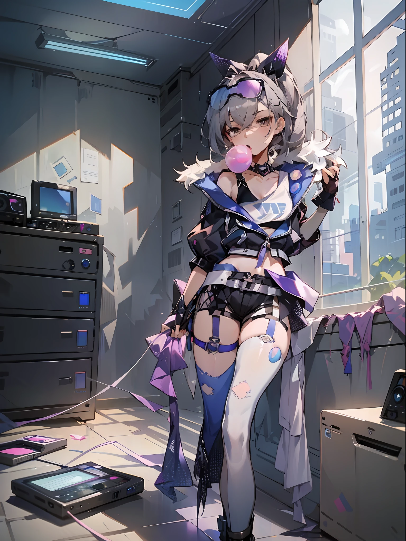 Silver Wolf in an abandoned electronics building，Ethernet technology is being used to crack the building code，The expression is slightly disdainful，Blow bubble gum，full bodyesbian，White stockings