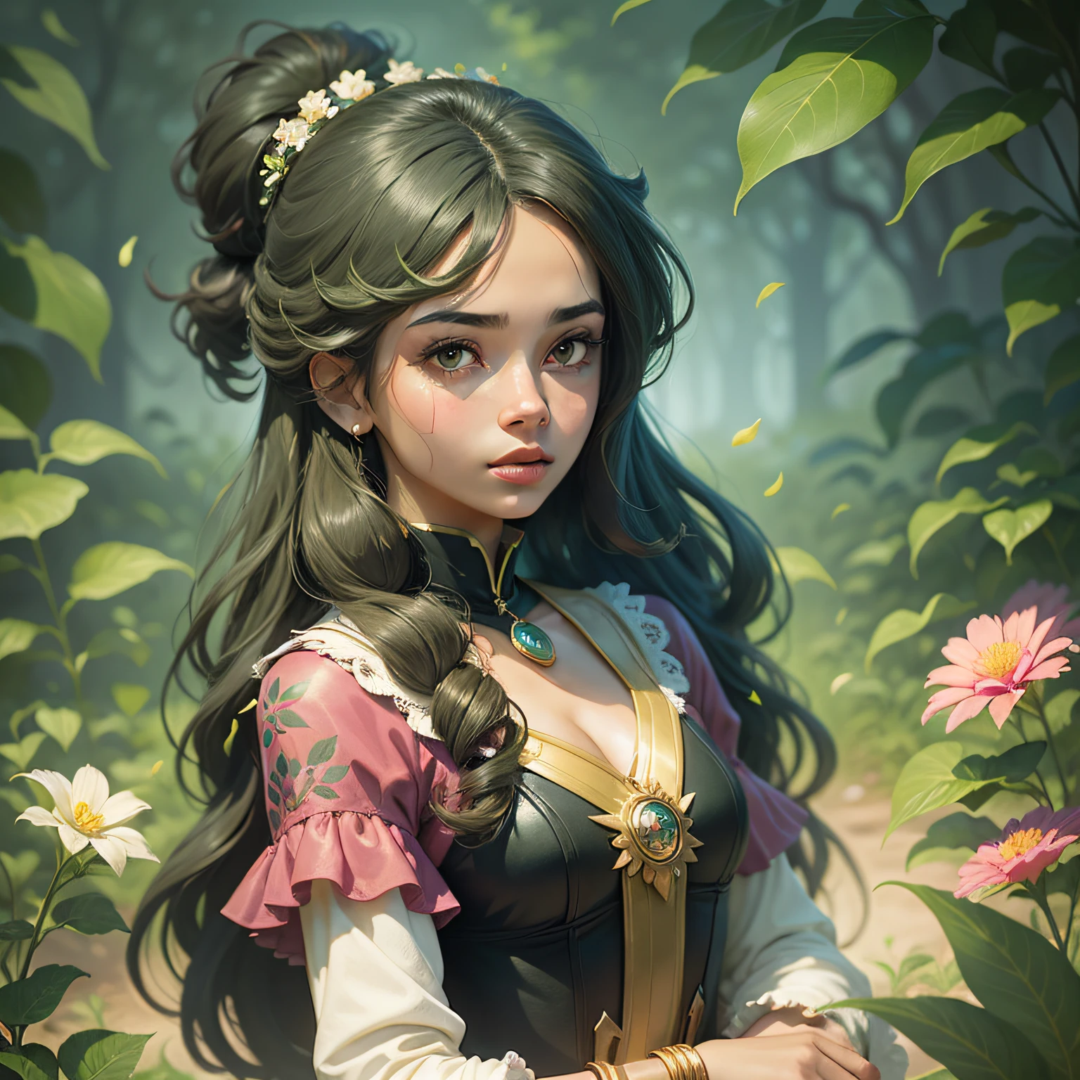 A detailed illustration of pretty Black girl, long green hair with flowers in hair, ponytail, brown skin, wearing a brown ethereal outfit, goddess style, plant powers, style cartoon, colors, two-dimensional, planar vector, character design,gold details, Studio Ghibli style, soft tetrad color, vector art, fantasy art, watercolor effect, Alphonse Mucha, Adobe Illustrator, digital painting, low polygon, soft lighting, aerial view, isometric style, retro aesthetics, focusing on people, 8K resolution, octane render