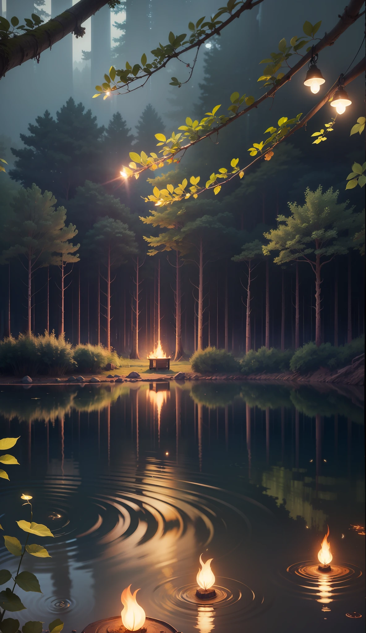 There is a reflection of light on the surface of the lake，reflection on the lake，The lake is clear，There are fireflies in the forest，volumettic light，8K quality