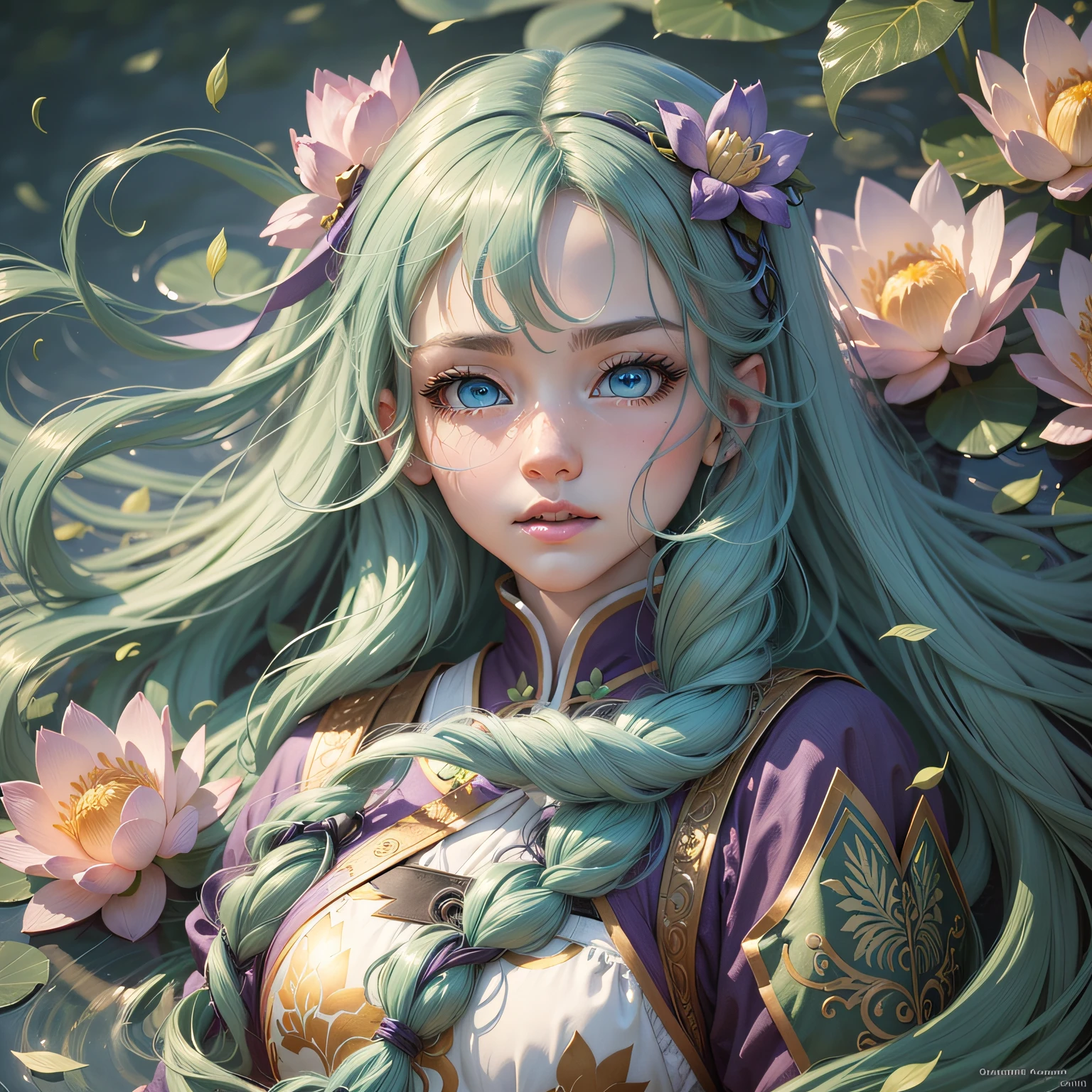 A detailed illustration of pretty Black girl, long green hair with flowers in hair, ponytail, brown skin, wearing a brown ethereal outfit, goddess style, plant powers, style cartoon, colors, two-dimensional, planar vector, character design,gold details, Studio Ghibli style, soft tetrad color, vector art, fantasy art, watercolor effect, Alphonse Mucha, Adobe Illustrator, digital painting, low polygon, soft lighting, aerial view, isometric style, retro aesthetics, focusing on people, 8K resolution, octane render