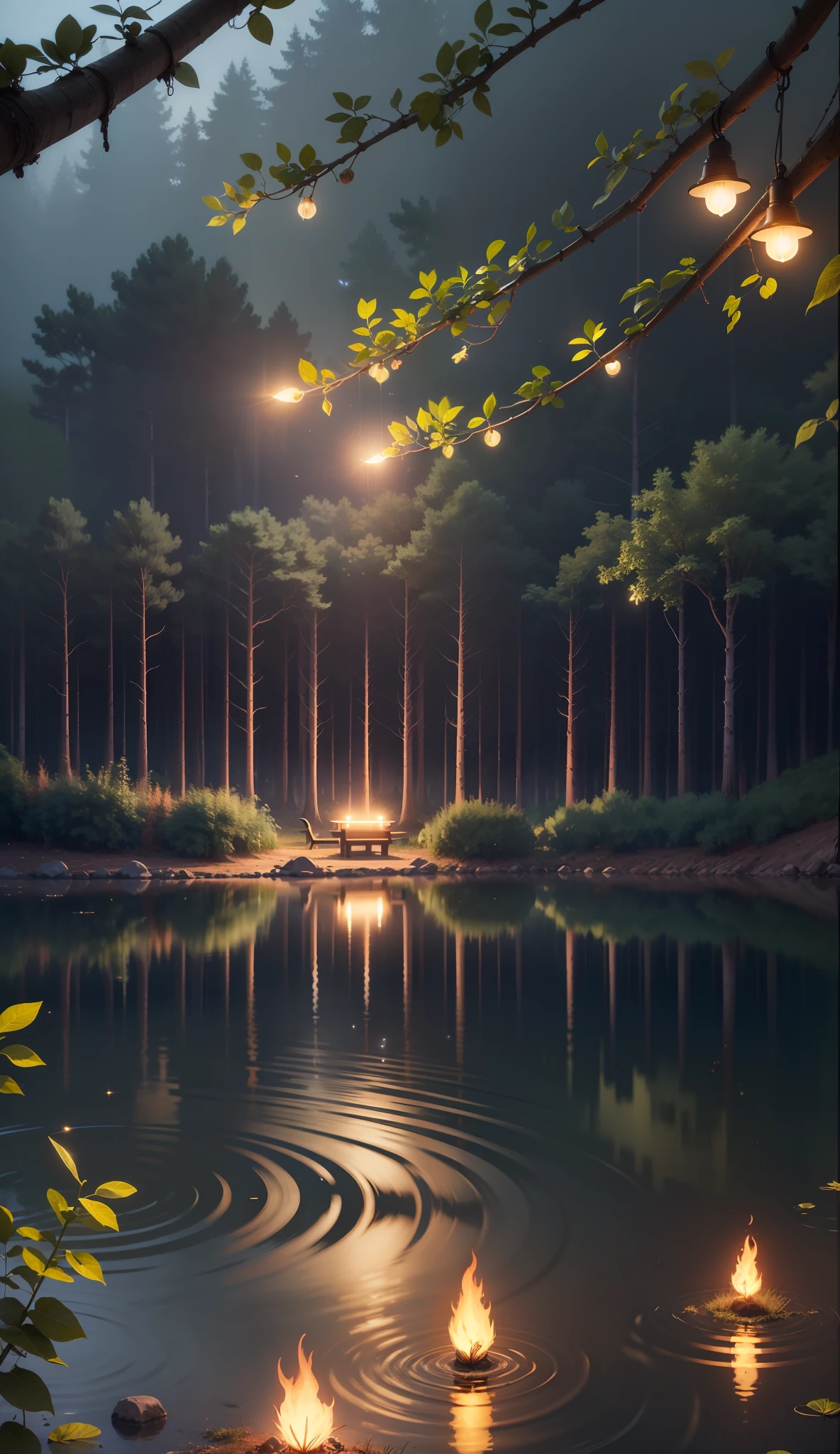 There is a reflection of light on the surface of the lake,reflection on the lake,The lake is clear,There are fireflies in the forest,volumettic light,8K quality