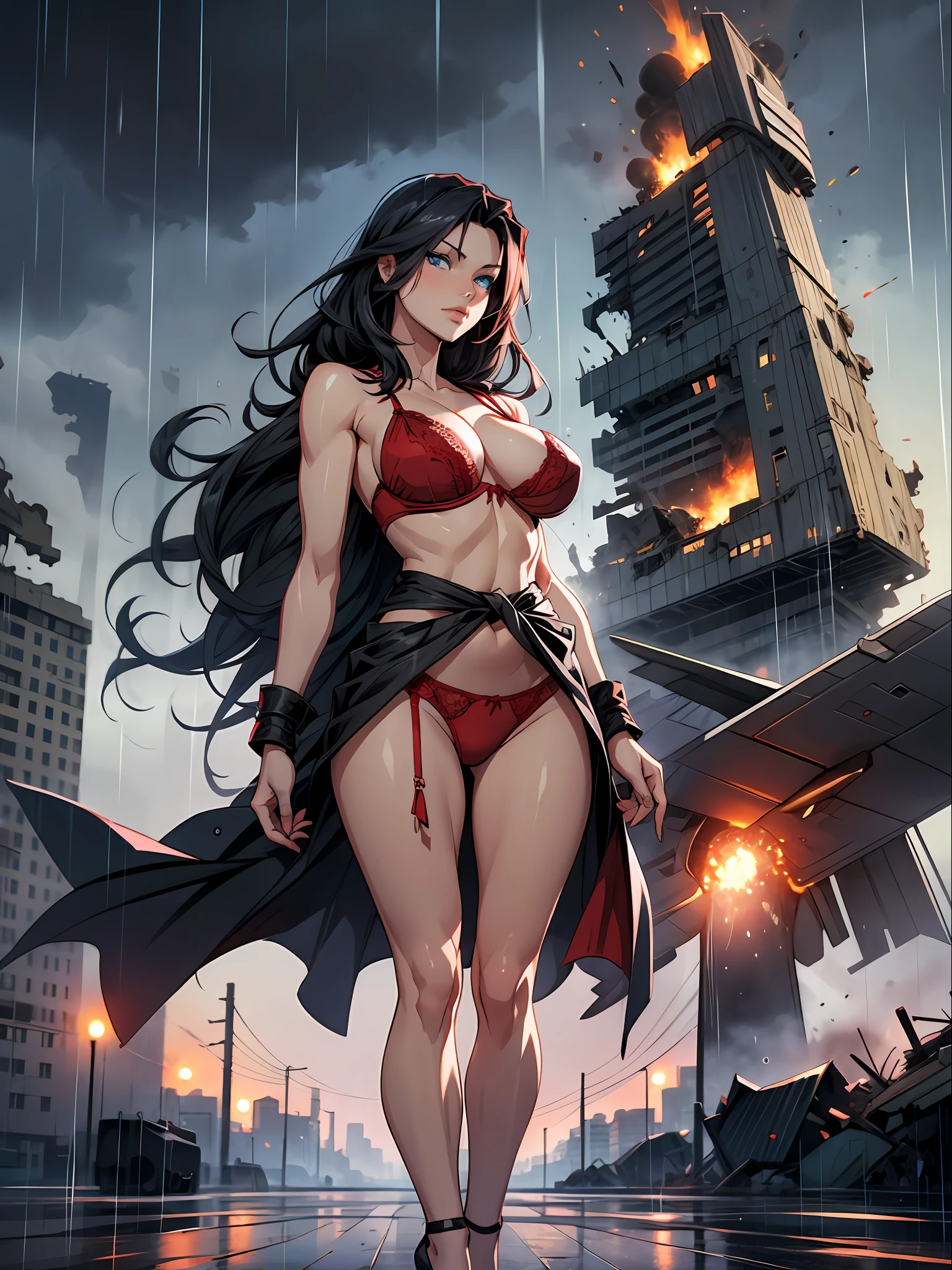 Mature women, red lingerie, black heels, glowing blue eyes, black long hairs, one hand on the waist, standing near fighter jet, destructive city in the background, rainy day,