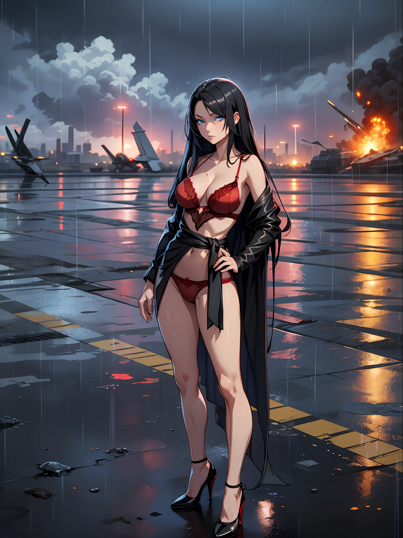 Mature women, red lingerie, black heels, glowing blue eyes, black long hairs, one hand on the waist, standing near fighter jet, destructive city in the background, rainy day,