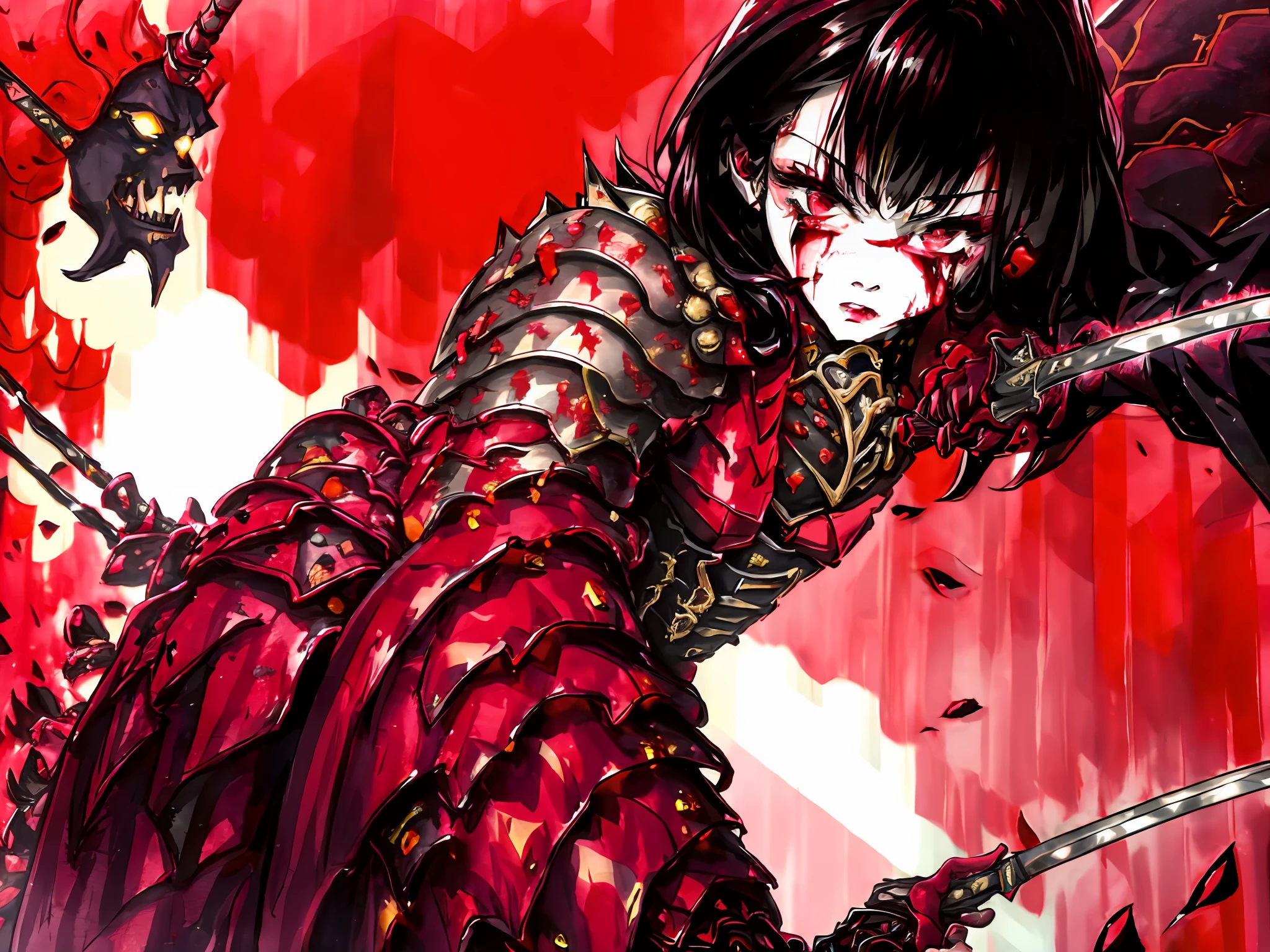 heavily armored muscular woman stabbing her opponent in a sword match, in daisy field, stabbed opponent visible, in motion, thousands of blood splatters in air masterpiece, best quality, ultra high res, beautiful, visually stunning, elegant, incredible details, dark art, (dark red theme:1.3), award-winning painting, crying blood, monochrome