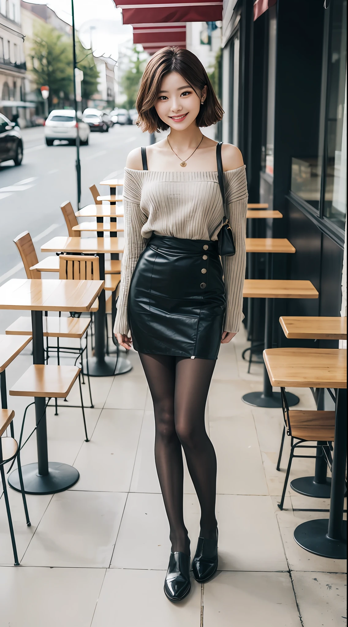 8k uhd, dslr,film grain, Fujifilm XT3,(best quality:1.3), (masterpiece:1.1), high resolution, cinematic light, intricate details, (photorealistic),outside,beautiful outside,sunny,
korean girl,(in cafe:1.5) , dimples, bobcut, looking at viewer, detailed trees, ribbons, bowties, bare shoulders, ribbed sweater, 
pencil skirt, high-waist skirt, head rest, sitting, indoors,
 necklace,black pantyhose, sheet transportation sweater, (smile),(full body:1.6),slender,