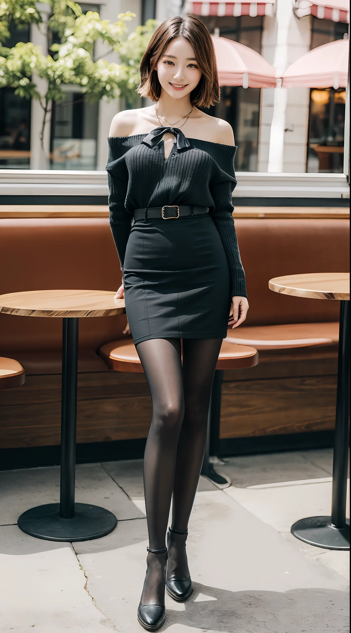 8k uhd, dslr,film grain, Fujifilm XT3,(best quality:1.3), (masterpiece:1.1), high resolution, cinematic light, intricate details, (photorealistic),outside,beautiful outside,sunny,
korean girl,(in cafe:1.5) , dimples, bobcut, looking at viewer, detailed trees, ribbons, bowties, bare shoulders, ribbed sweater,
pencil skirt, high-waist skirt, head rest, sitting, indoors,
necklace,black pantyhose, sheet transportation sweater, (smile),(full body:1.6),slender,