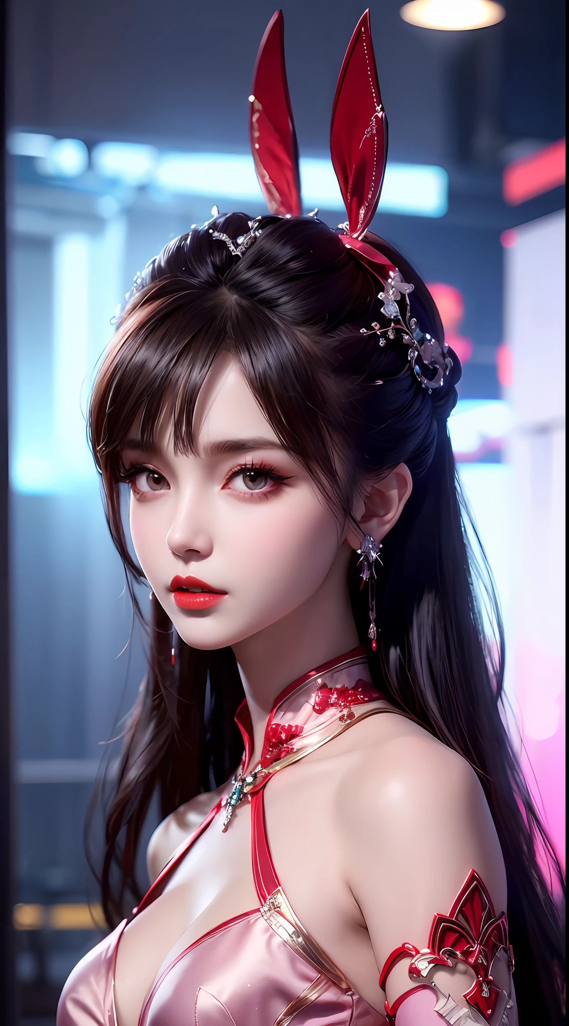 1 beautiful girl in beautiful hanfu costume, thin red silk shirt with many yellow motifs, black lace top, light pink rabbit ears, long hair dyed pale purple platinum, beautiful hair jewelry, pretty face cute pretty face, perfect face, earring jewelry, antique jewelry, big red eyes, sharp eye makeup, meticulous eyelash makeup, thin eyebrows, high nose, pretty red lips, no smile, pursed lips, rosy cheeks, big bust, big bust, well-proportioned bust, slim waist, red mesh stockings with black border , Chinese hanfu style, fictional art pattern, vivid and true color, RAW photo, real photo realistic, ultra-high quality 8k surreal photo, cool photo, (virtual lighting effect: 1.8), 10x pixels, magic effect (background): 1.8), (ultra-detailed eye: 1.8), (eyelids): eyes): red: 1.8), (black eye pupil: 1.8)beautiful girl portrait, alone girl, ancient hanfu background, looking directly at the audience, wide original image, 8k quality, super sharp , the most detailed and clear images, detailed bright background,