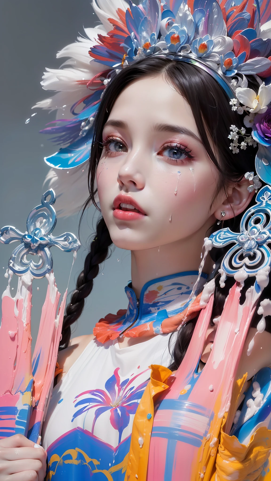 (Pink Fashion T-shirt:1.9),(Colorful hair: 1.8), (all the colours of the rainbow: 1.8),(((((vertical painting:1.6))), (painting:1.6),front, comics, illustrations, paintings, large eyes, crystal clear eyes,( rainbow color gradient high ponytail:1.7), exquisite makeup, closed mouth,(Small Fresh: 1.5),(Wipe Chest: 1.6) ,long eyelashes, white off shoulder T-shirt, White Shoulder Shirt,looking at the audience, large watery eyes, (rainbow colored hair:1.6), color splash, (solo:1.8), color splash, color explosion, thick paint style, messy lines, ((shining)),(colorful), (colorful), (colorful), colorful, Thick Paint Style, (Splash) (Color Splash), Vertical Painting, Upper Body, Paint Splash, Acrylic Pigment, Gradient, Paint, Highest Image Quality, Highest Quality, Masterpiece, Solo, Depth of Field, Face Paint, colorful clothes, (Elegant: 1.2), gorgeous,long hair, wind, (Elegant: 1.3), (Petals: 1.4),(((masterpiece))),(((best quality))),((ultra-detailed)),(illustration),(dynamic angle),((floating)),(paint),((disheveled hair)),(solo),(1girl) , (((detailed anima face))),((beautiful detailed face)),collar,bare shoulders,white hair, ((colorful hair)),((streaked hair)),beautiful detailed eyes,(Gradient color eyes),(((colorful eyes))),(((colorful background))),(((high saturation))),(((surrounded by colorful splashes))),