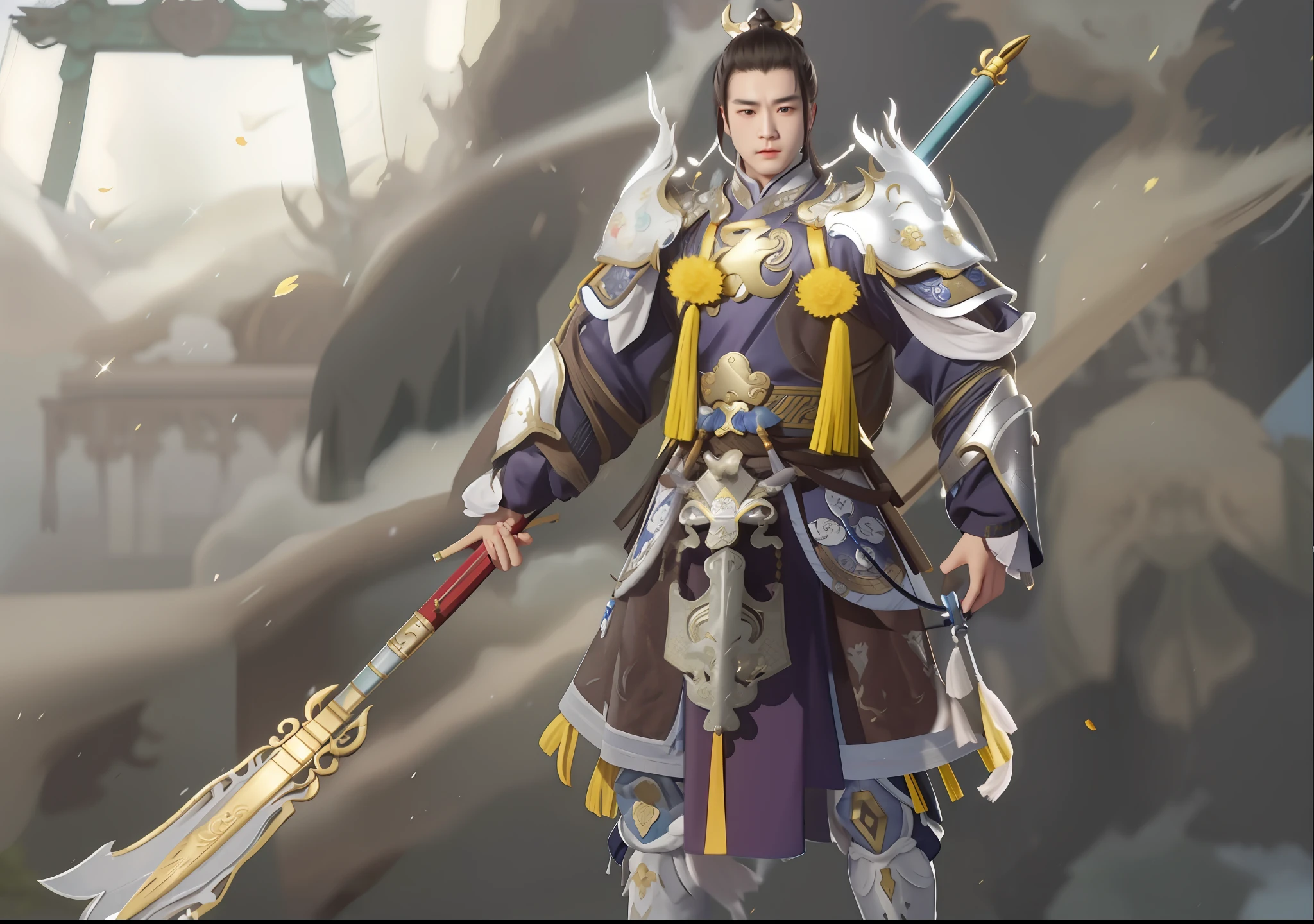 Close-up of a man in combat armor holding a spear, Inspired by Huang Shen, zhao yun, Inspired by Shen Zhou, Inspired by Hu Zaobin, inspired by Li Kan, Chinese Warrior, inspired by Shen Quan, Inspired by Seki Dosheng, inspired by Guo Chun, bian lian, Dynasty warriors, Inspired by Zhao Yuan